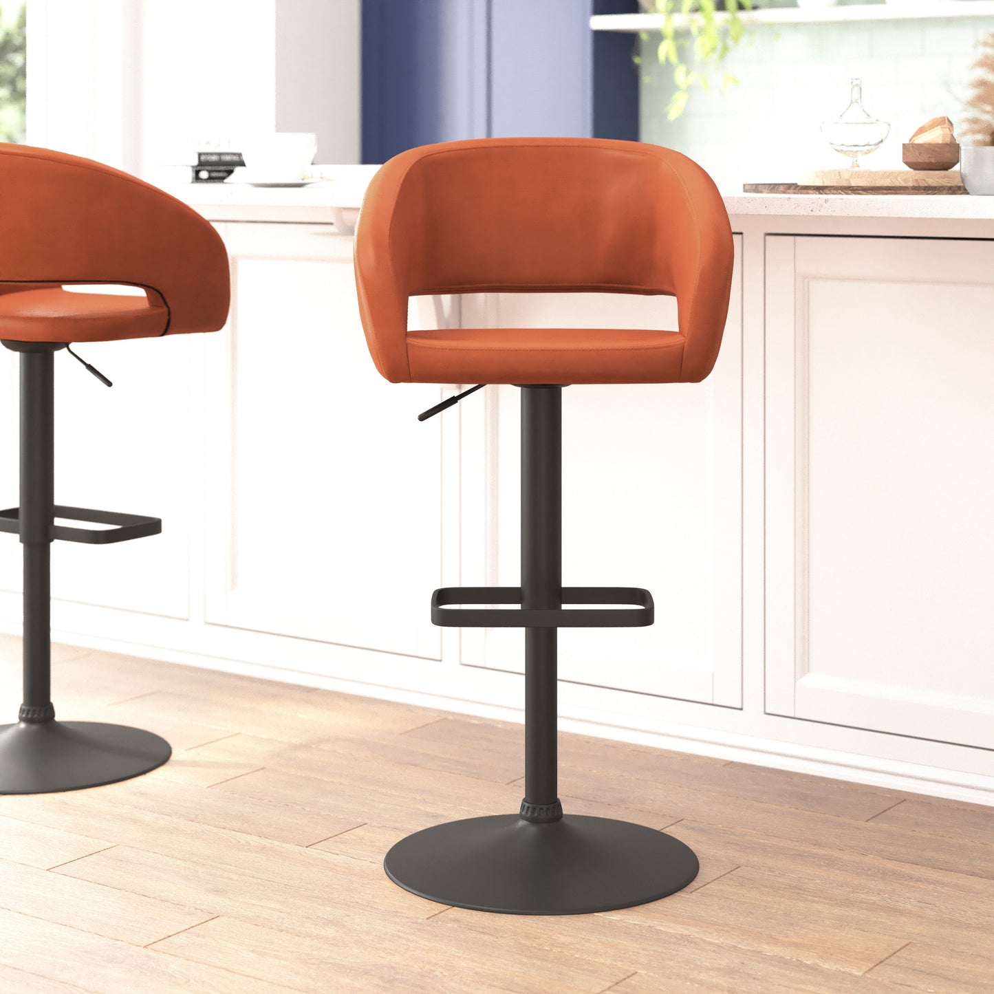 Erik Contemporary Cognac Vinyl Adjustable Height Barstool with Rounded Mid-Back and Black Base Cognac Vinyl/Black Frame