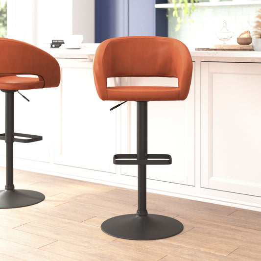 Erik Contemporary Cognac Vinyl Adjustable Height Barstool with Rounded Mid-Back and Black Base Cognac Vinyl/Black Frame