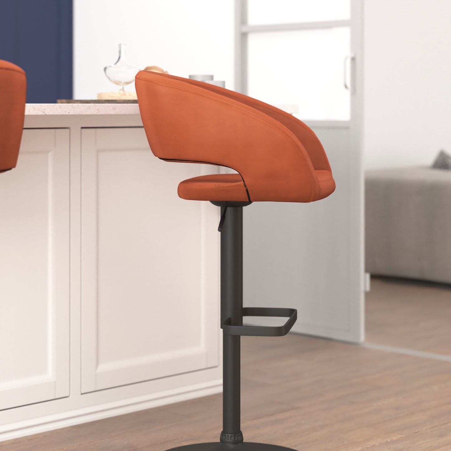 Erik Contemporary Cognac Vinyl Adjustable Height Barstool with Rounded Mid-Back and Black Base Cognac Vinyl/Black Frame