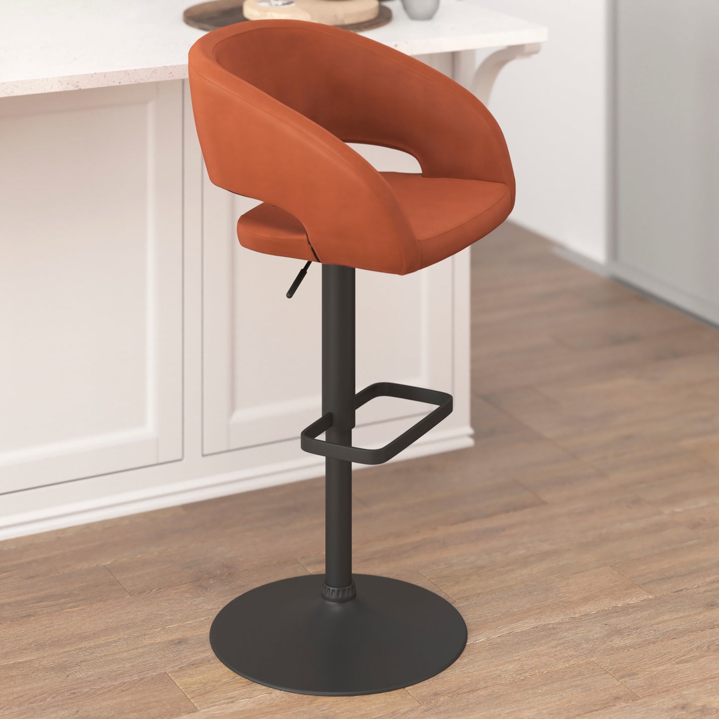 Erik Contemporary Cognac Vinyl Adjustable Height Barstool with Rounded Mid-Back and Black Base Cognac Vinyl/Black Frame