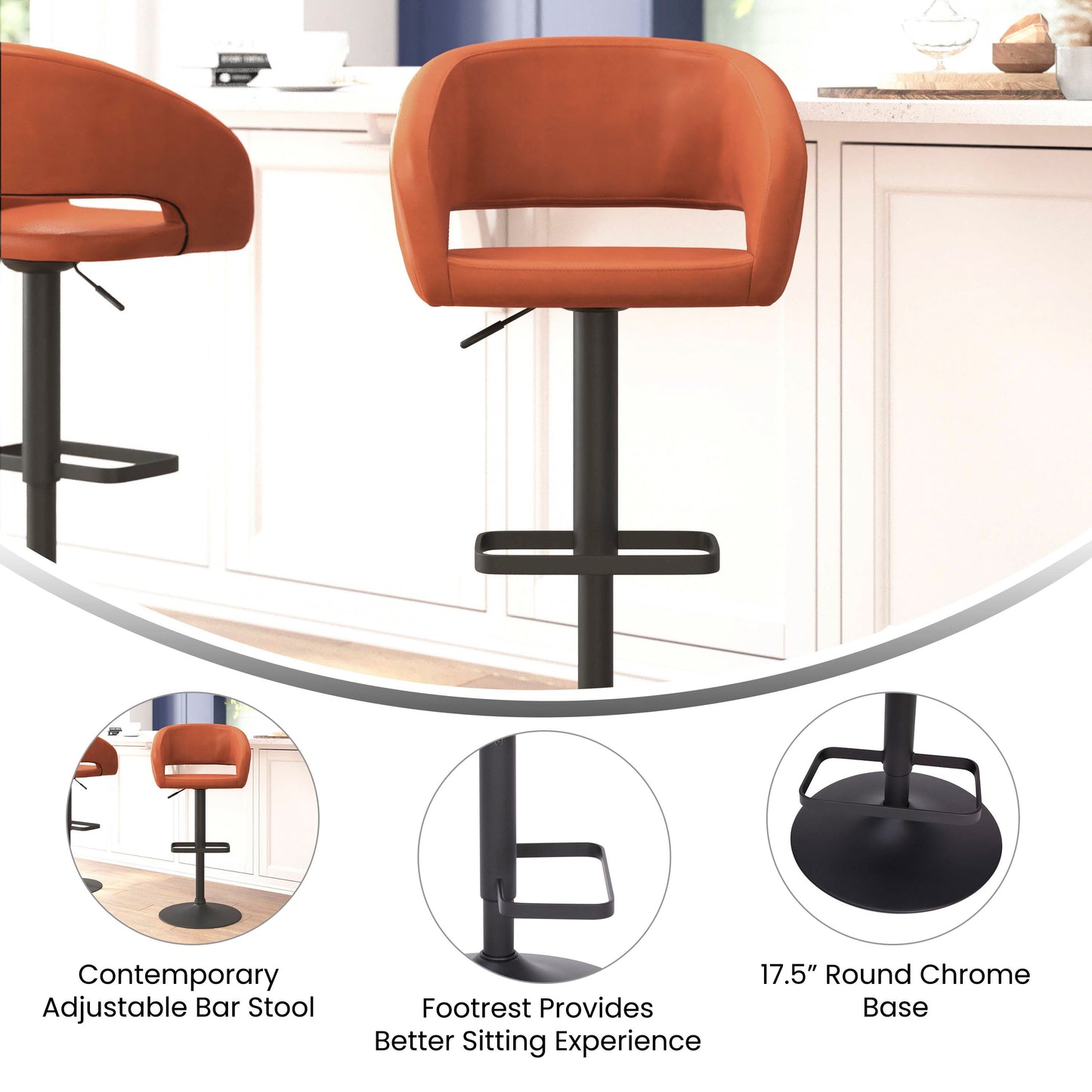 Erik Contemporary Cognac Vinyl Adjustable Height Barstool with Rounded Mid-Back and Black Base Cognac Vinyl/Black Frame