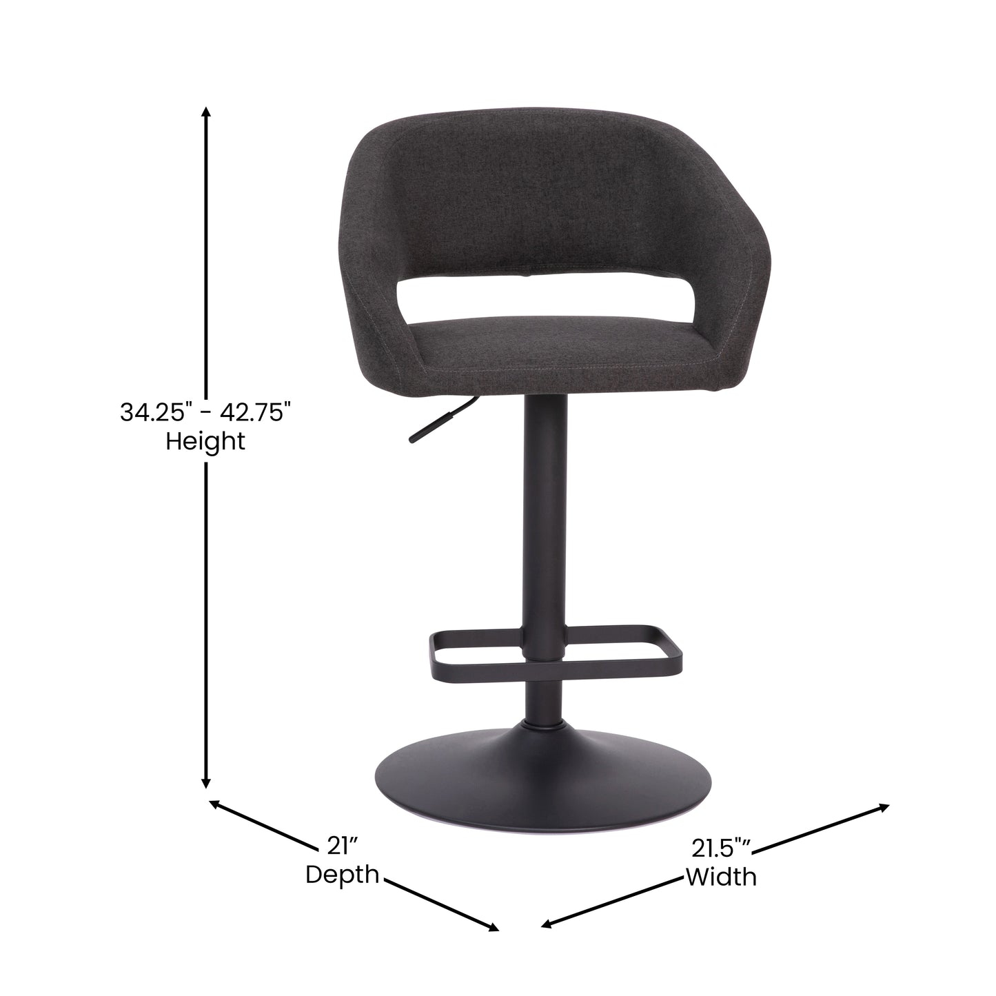 Erik Contemporary Charcoal Fabric Adjustable Height Barstool with Rounded Mid-Back and Black Base Charcoal Fabric/Black Frame