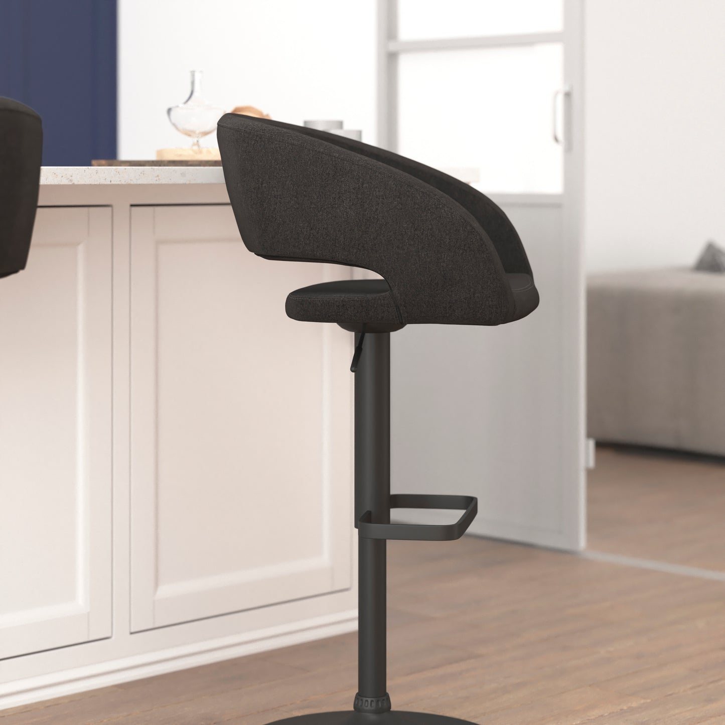 Erik Contemporary Charcoal Fabric Adjustable Height Barstool with Rounded Mid-Back and Black Base Charcoal Fabric/Black Frame