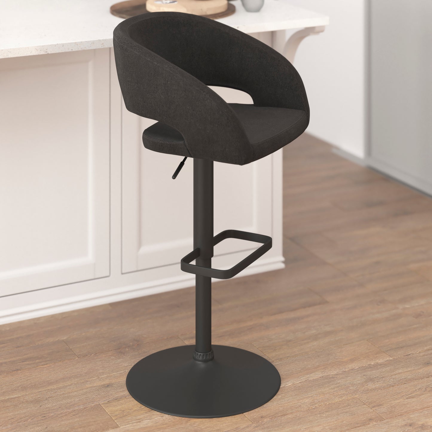 Erik Contemporary Charcoal Fabric Adjustable Height Barstool with Rounded Mid-Back and Black Base Charcoal Fabric/Black Frame