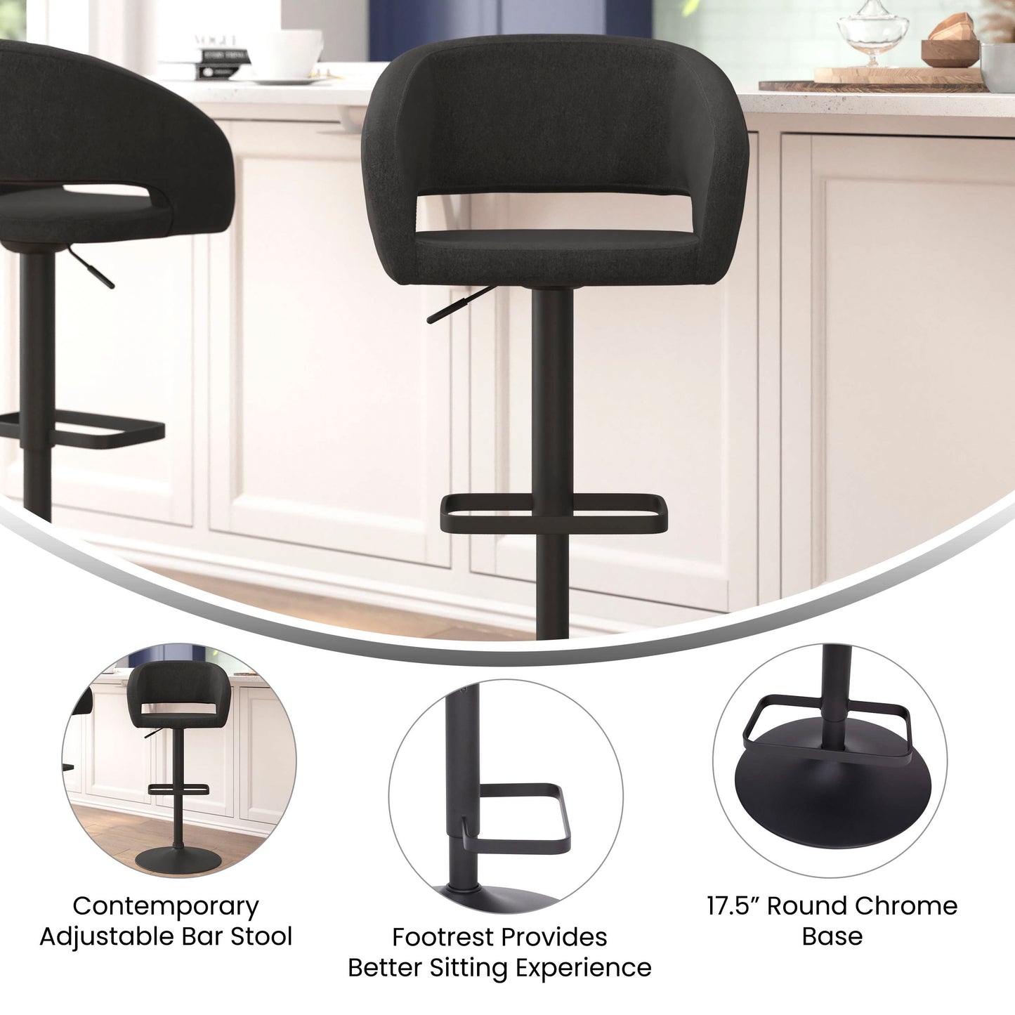 Erik Contemporary Charcoal Fabric Adjustable Height Barstool with Rounded Mid-Back and Black Base Charcoal Fabric/Black Frame