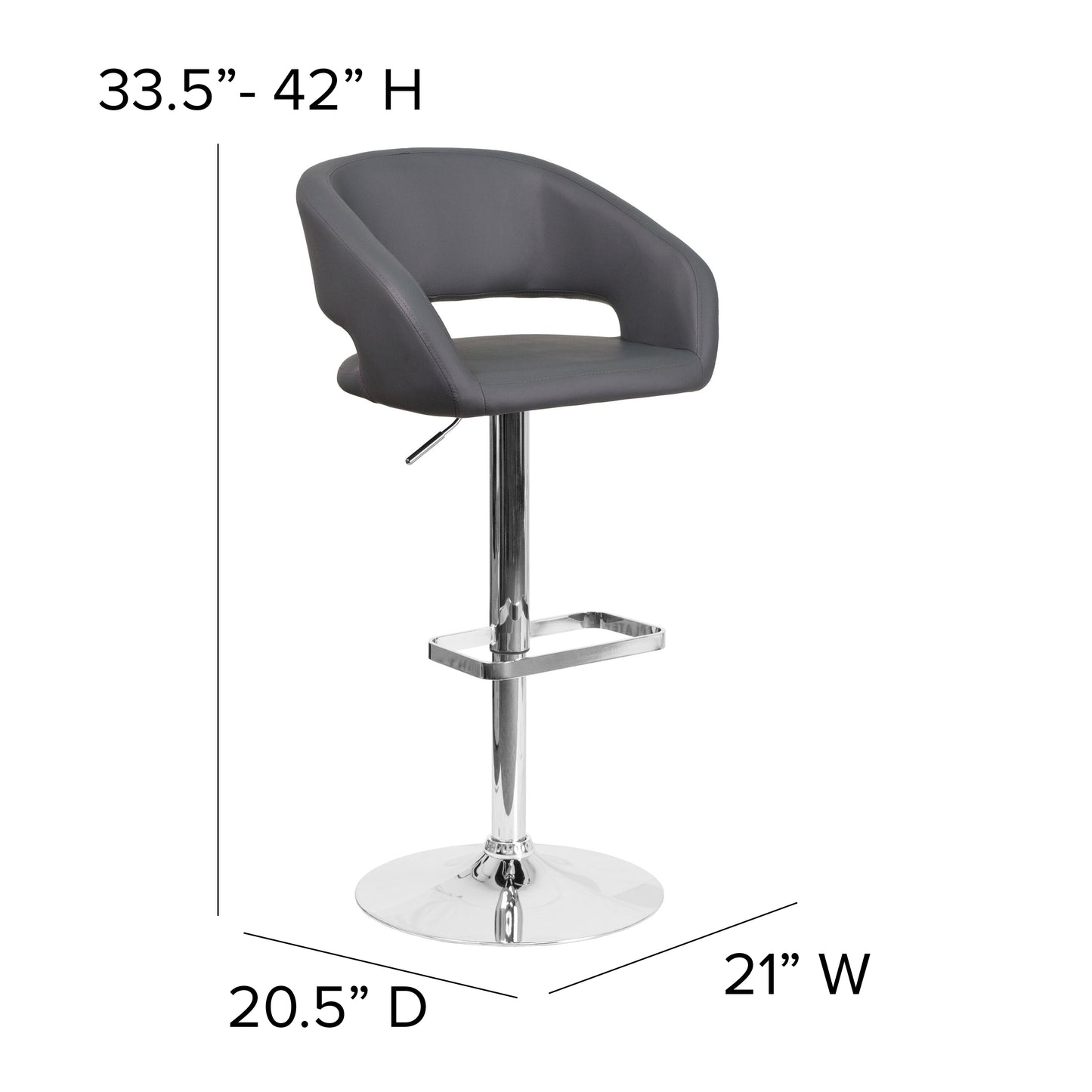 Erik Contemporary Gray Vinyl Adjustable Height Barstool with Rounded Mid-Back and Chrome Base Gray Vinyl/Chrome Frame
