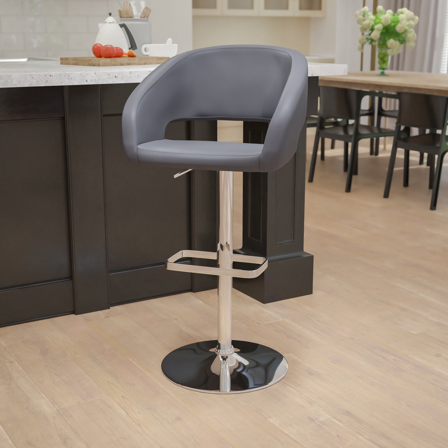 Erik Contemporary Gray Vinyl Adjustable Height Barstool with Rounded Mid-Back and Chrome Base Gray Vinyl/Chrome Frame