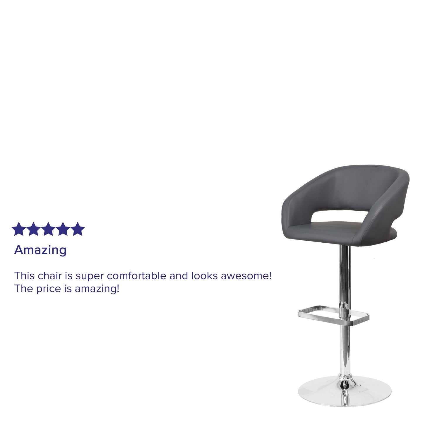 Erik Contemporary Gray Vinyl Adjustable Height Barstool with Rounded Mid-Back and Chrome Base Gray Vinyl/Chrome Frame