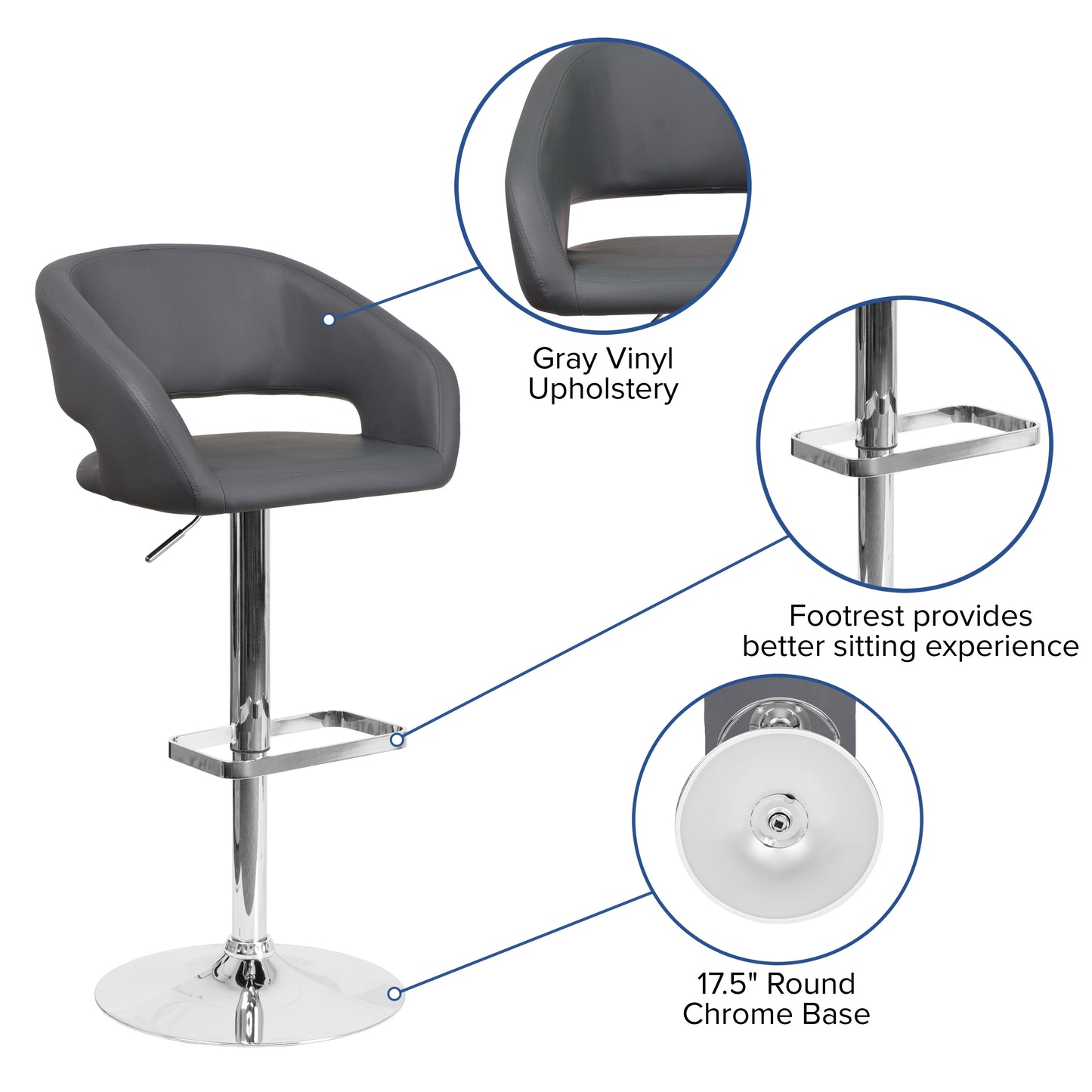 Erik Contemporary Gray Vinyl Adjustable Height Barstool with Rounded Mid-Back and Chrome Base Gray Vinyl/Chrome Frame