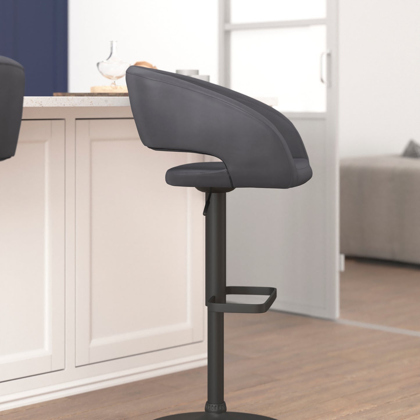 Erik Contemporary Gray Vinyl Adjustable Height Barstool with Rounded Mid-Back and Black Base Gray Vinyl/Black Frame
