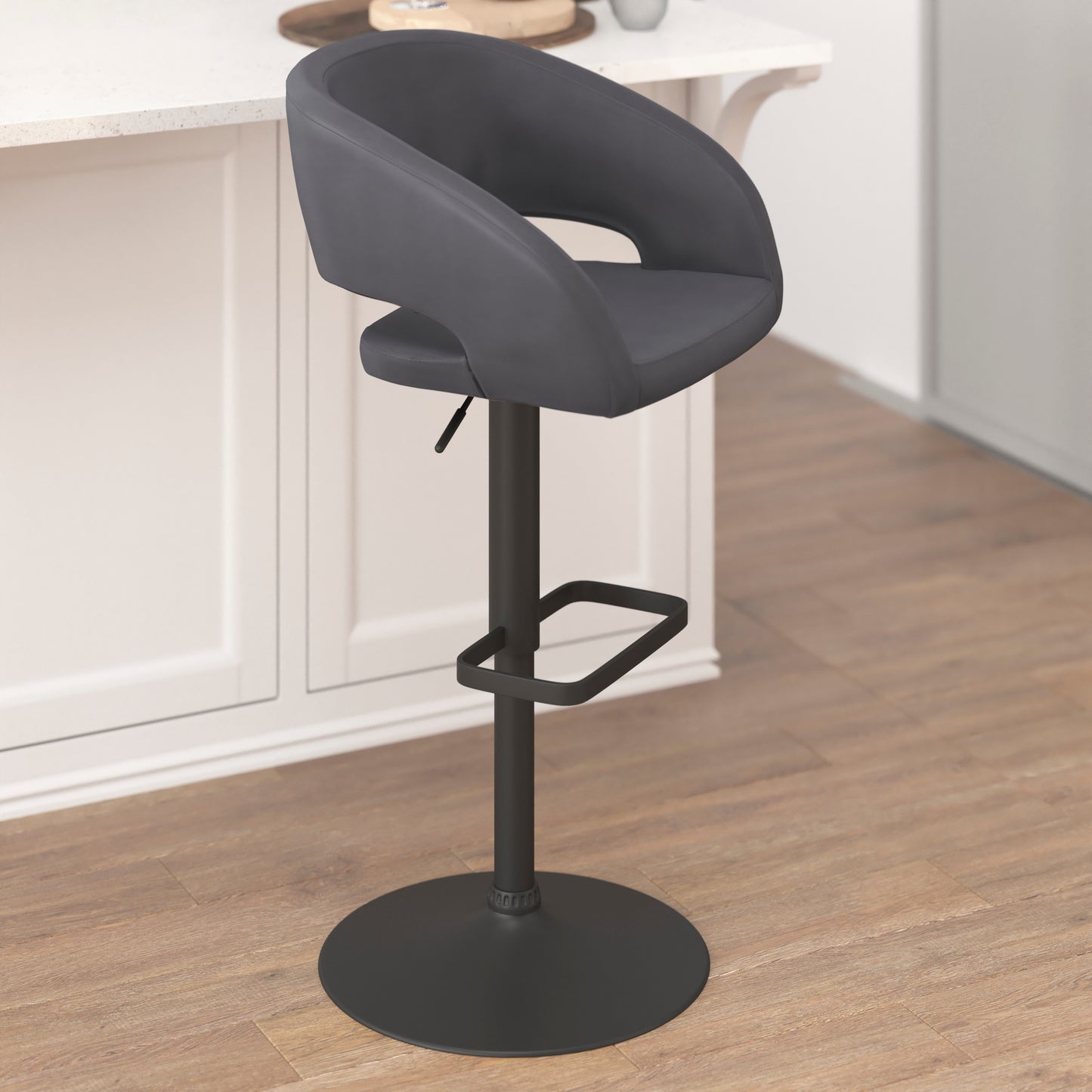 Erik Contemporary Gray Vinyl Adjustable Height Barstool with Rounded Mid-Back and Black Base Gray Vinyl/Black Frame