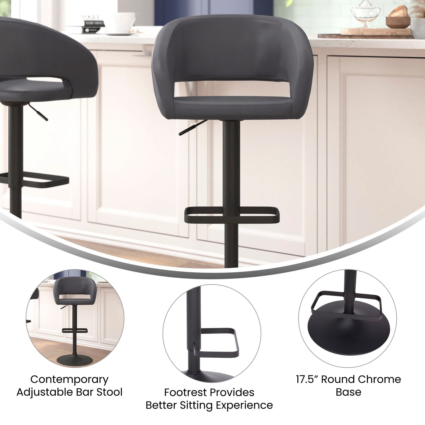 Erik Contemporary Gray Vinyl Adjustable Height Barstool with Rounded Mid-Back and Black Base Gray Vinyl/Black Frame