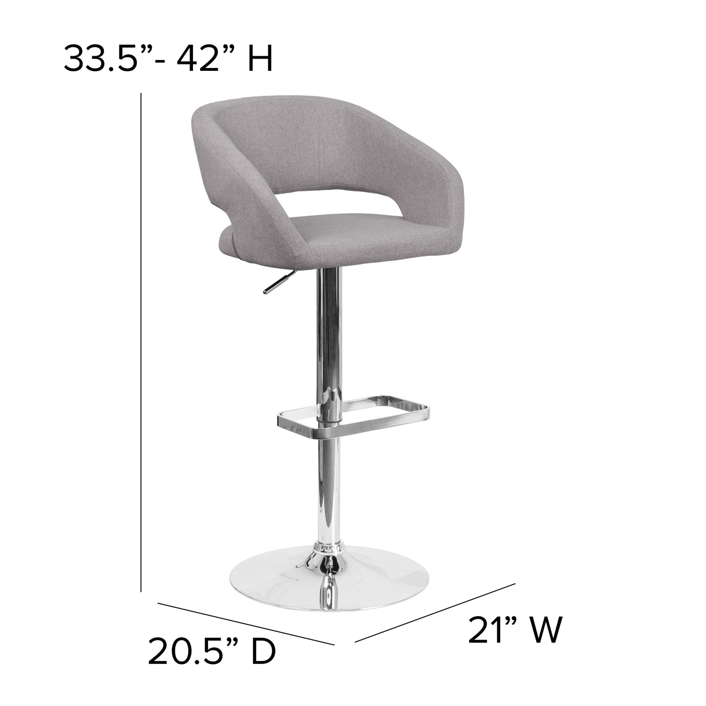 Erik Contemporary Gray Fabric Adjustable Height Barstool with Rounded Mid-Back and Chrome Base Gray Fabric/Chrome Frame