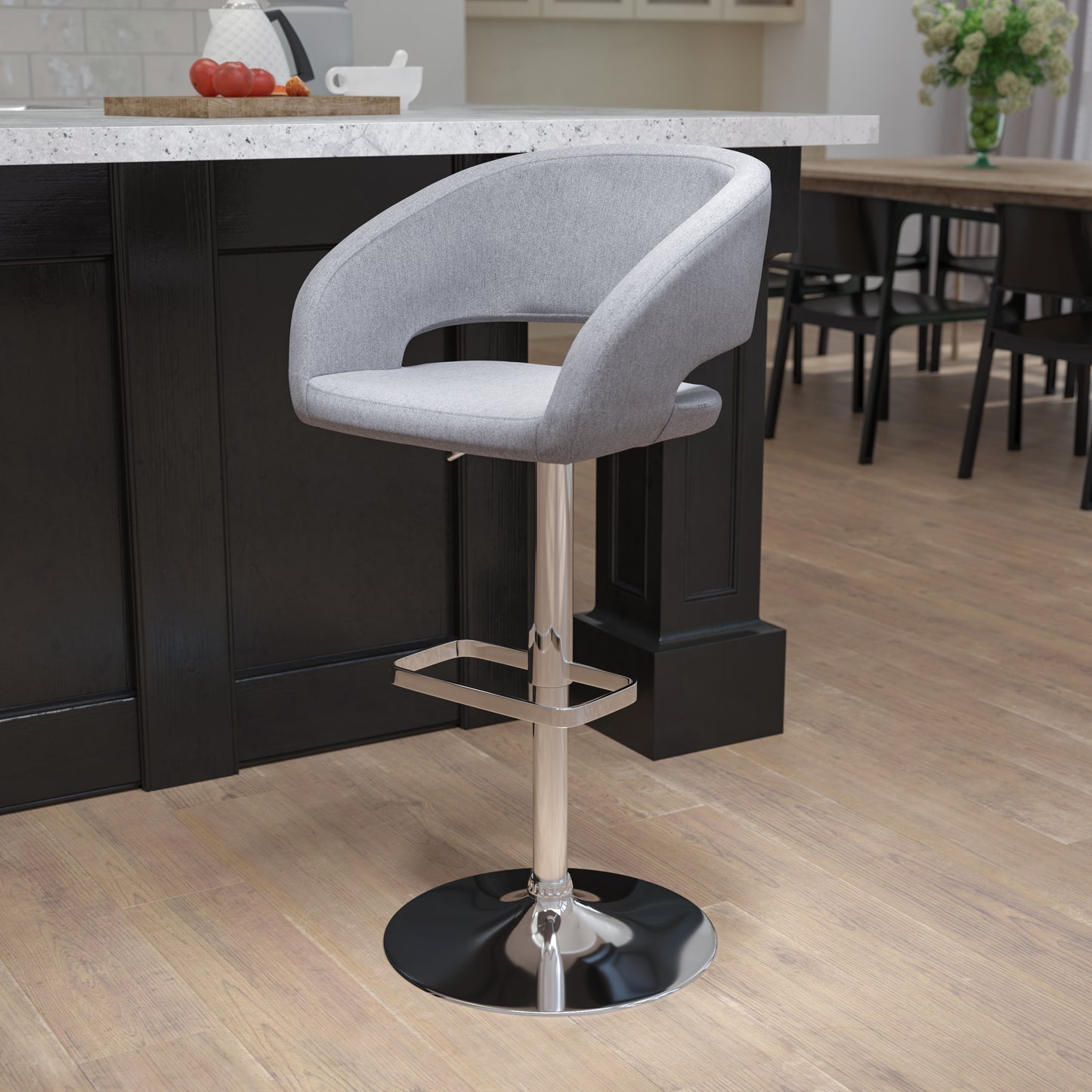 Erik Contemporary Gray Fabric Adjustable Height Barstool with Rounded Mid-Back and Chrome Base Gray Fabric/Chrome Frame
