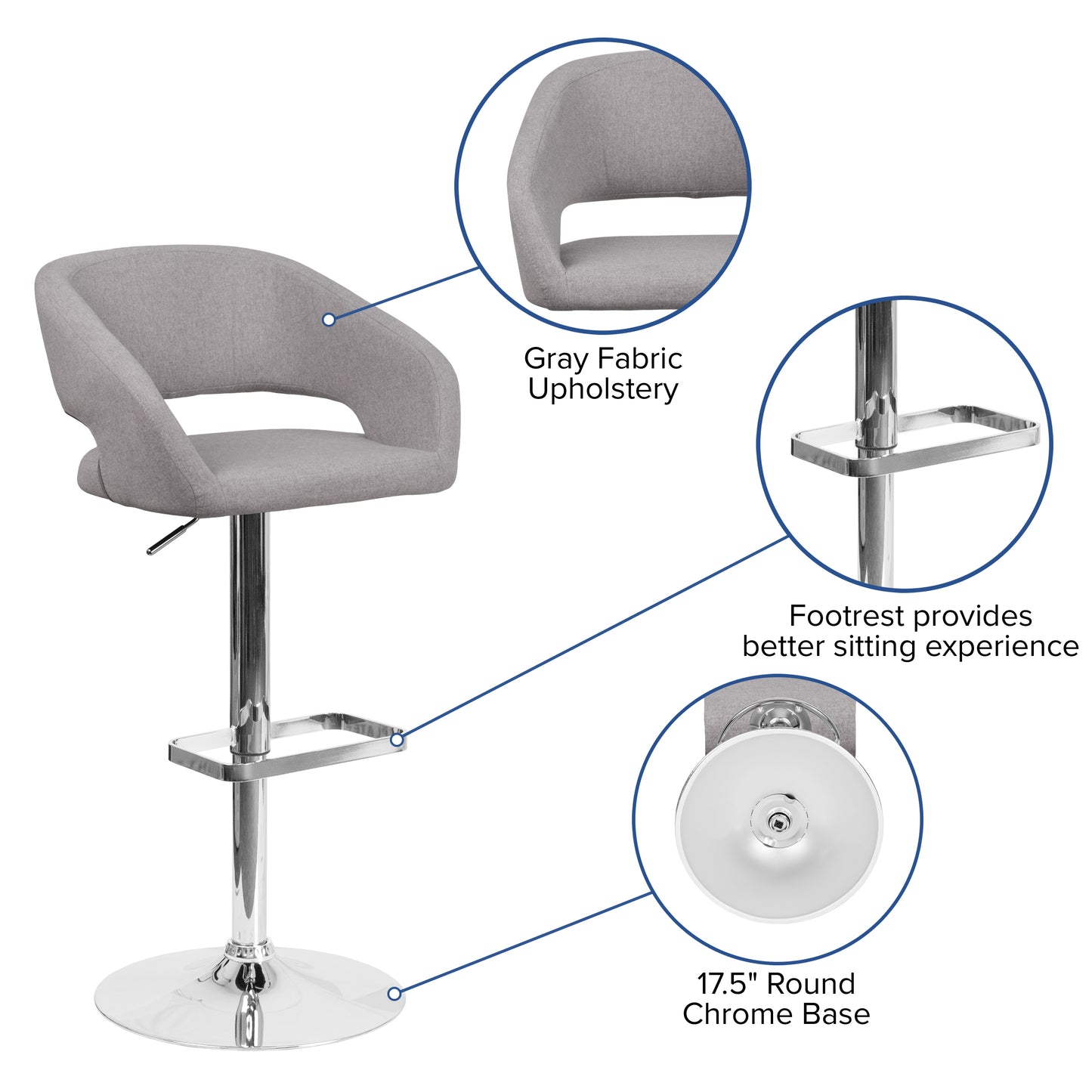 Erik Contemporary Gray Fabric Adjustable Height Barstool with Rounded Mid-Back and Chrome Base Gray Fabric/Chrome Frame