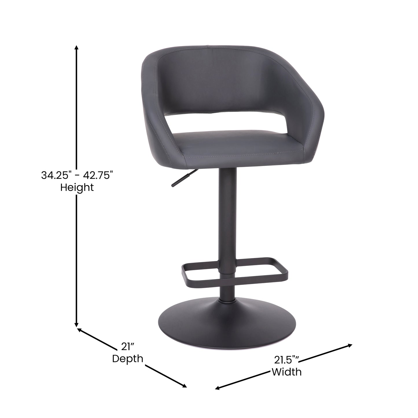 Erik Contemporary Gray Fabric Adjustable Height Barstool with Rounded Mid-Back and Black Base Gray Fabric/Black Frame
