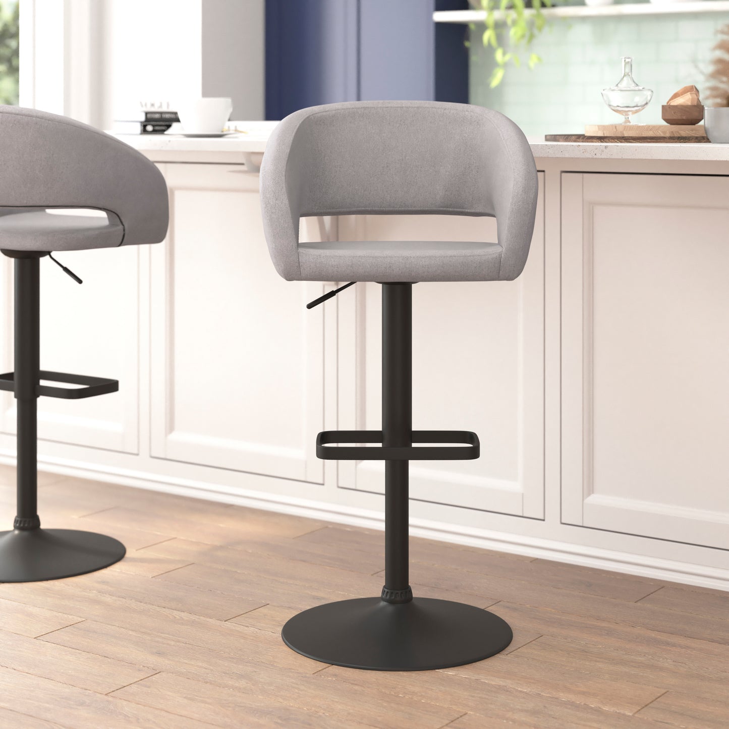 Erik Contemporary Gray Fabric Adjustable Height Barstool with Rounded Mid-Back and Black Base Gray Fabric/Black Frame