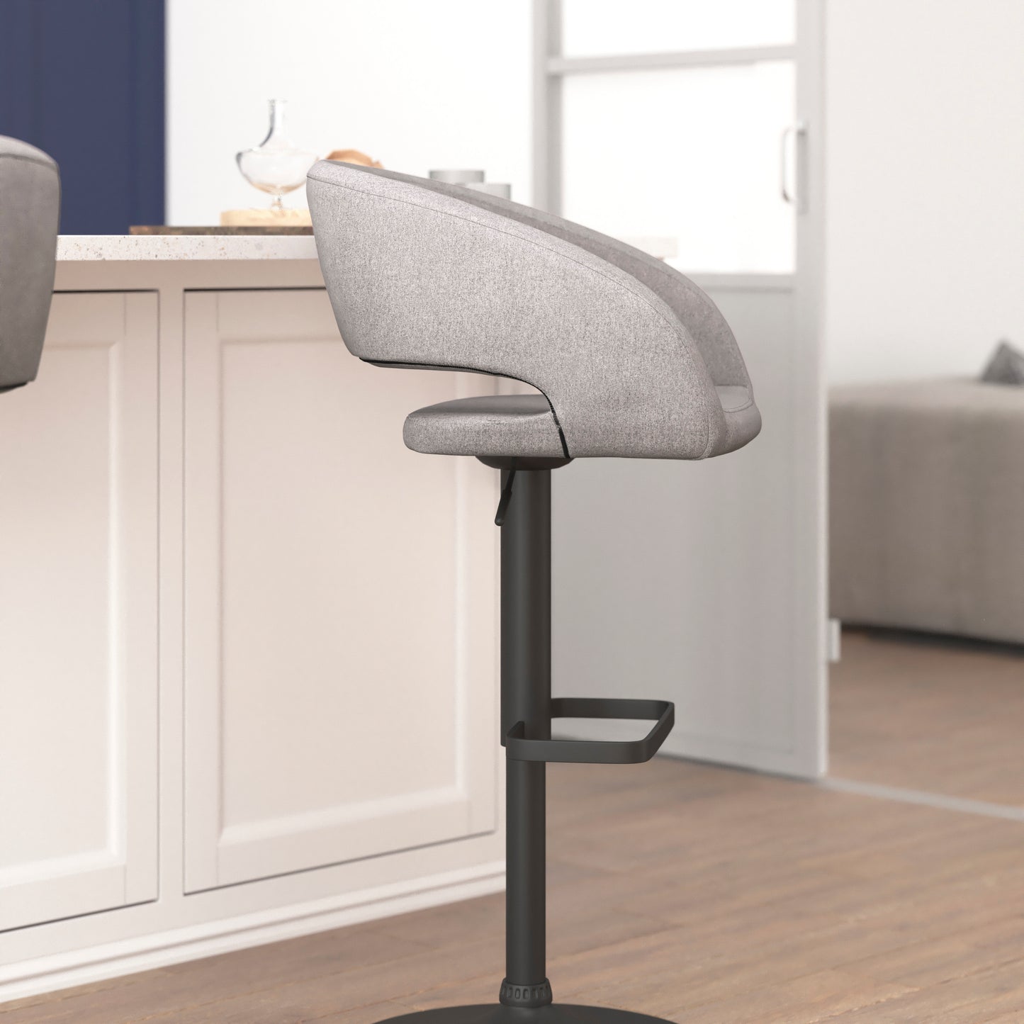Erik Contemporary Gray Fabric Adjustable Height Barstool with Rounded Mid-Back and Black Base Gray Fabric/Black Frame