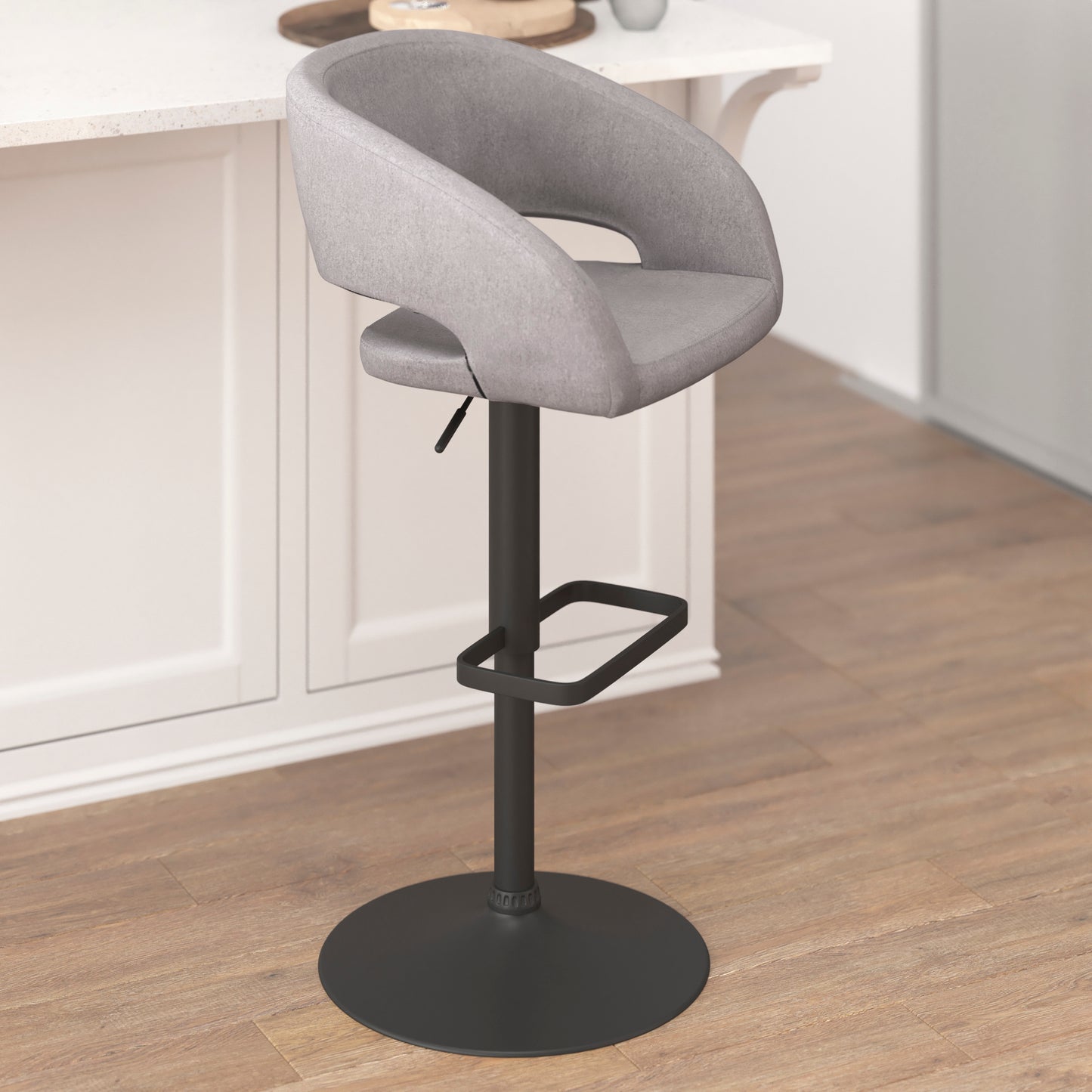 Erik Contemporary Gray Fabric Adjustable Height Barstool with Rounded Mid-Back and Black Base Gray Fabric/Black Frame