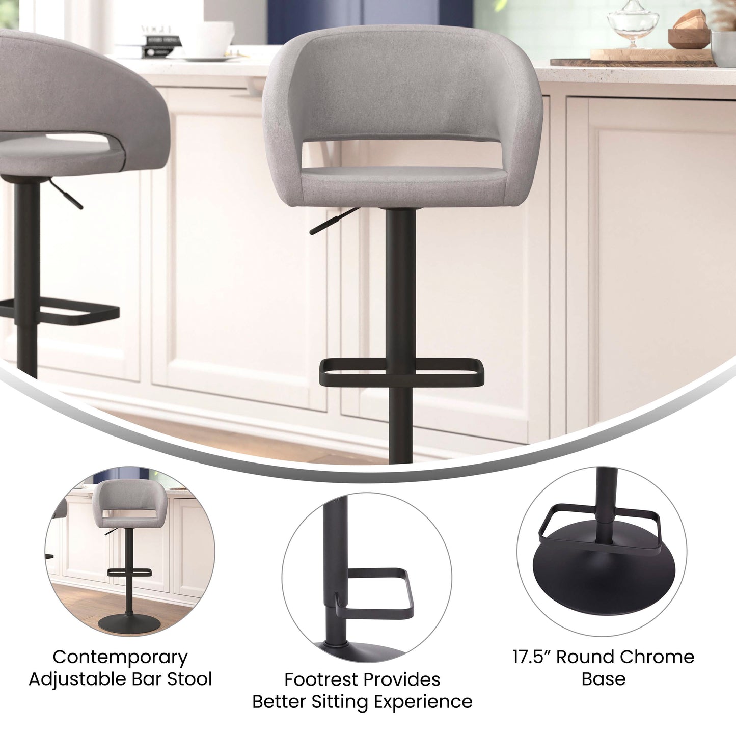 Erik Contemporary Gray Fabric Adjustable Height Barstool with Rounded Mid-Back and Black Base Gray Fabric/Black Frame