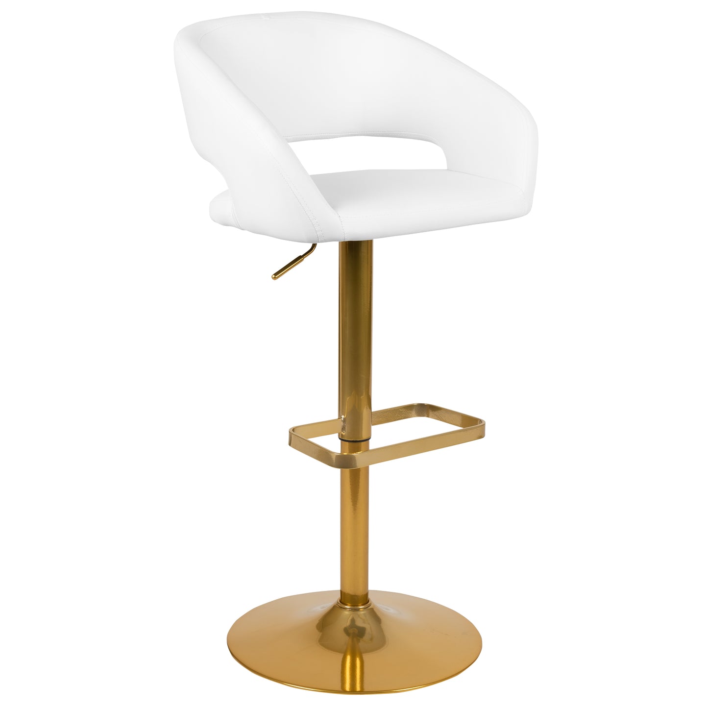 Erik Contemporary White Vinyl Adjustable Height Barstool with Rounded Mid-Back and Gold Base White/Gold Frame