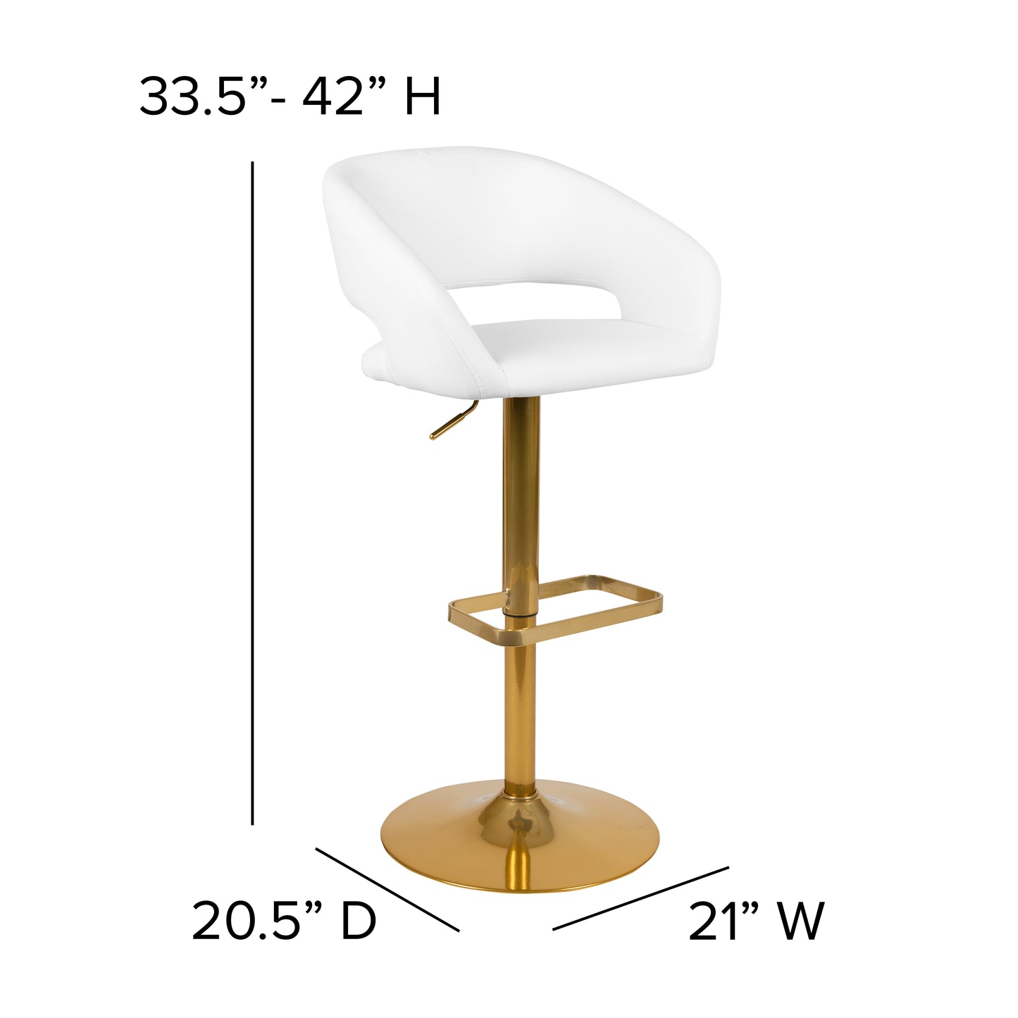Erik Contemporary White Vinyl Adjustable Height Barstool with Rounded Mid-Back and Gold Base White/Gold Frame