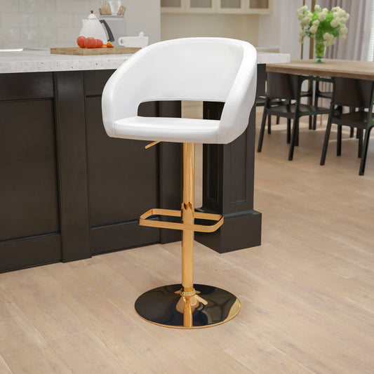 Erik Contemporary White Vinyl Adjustable Height Barstool with Rounded Mid-Back and Gold Base White/Gold Frame