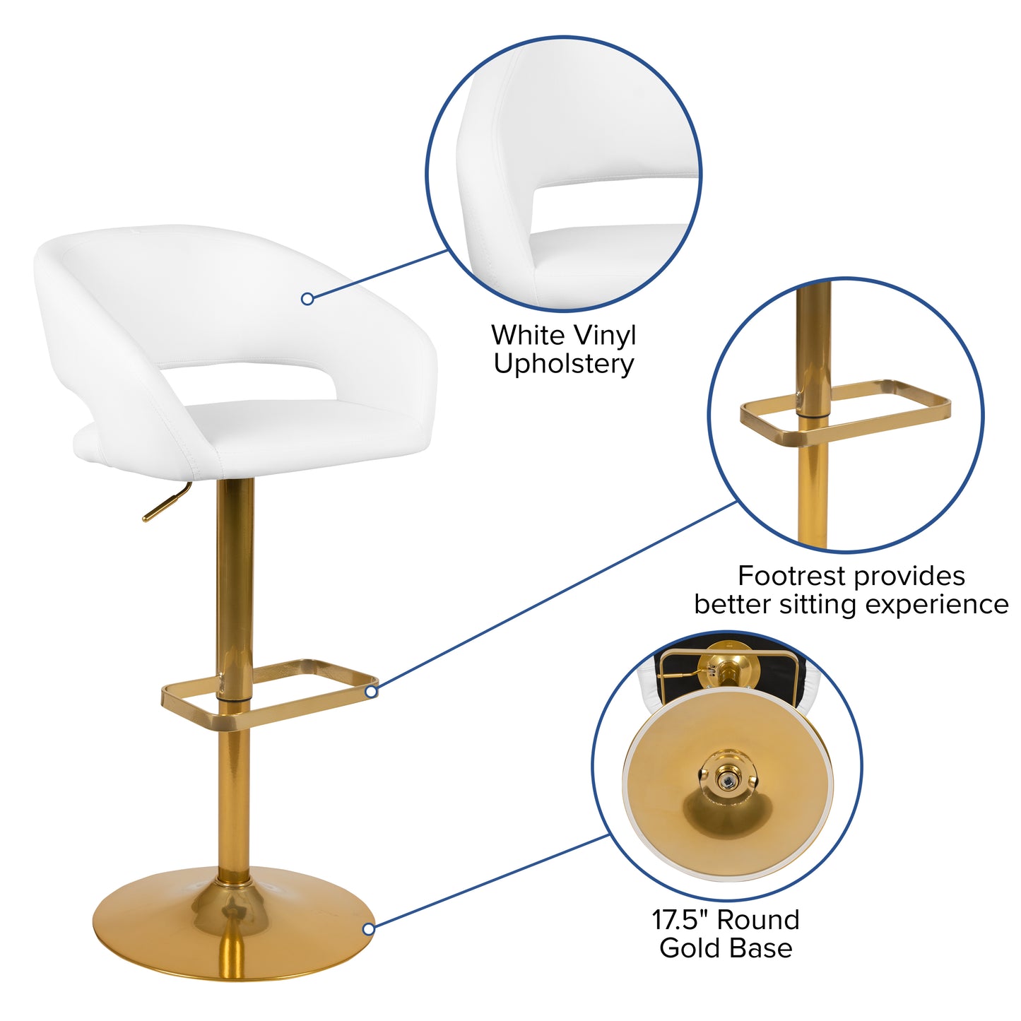 Erik Contemporary White Vinyl Adjustable Height Barstool with Rounded Mid-Back and Gold Base White/Gold Frame