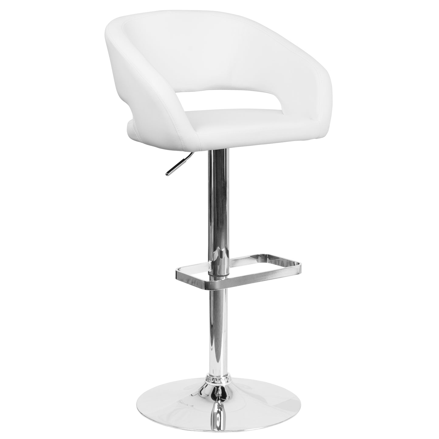 Erik Contemporary White Vinyl Adjustable Height Barstool with Rounded Mid-Back and Chrome Base White Vinyl/Chrome Frame