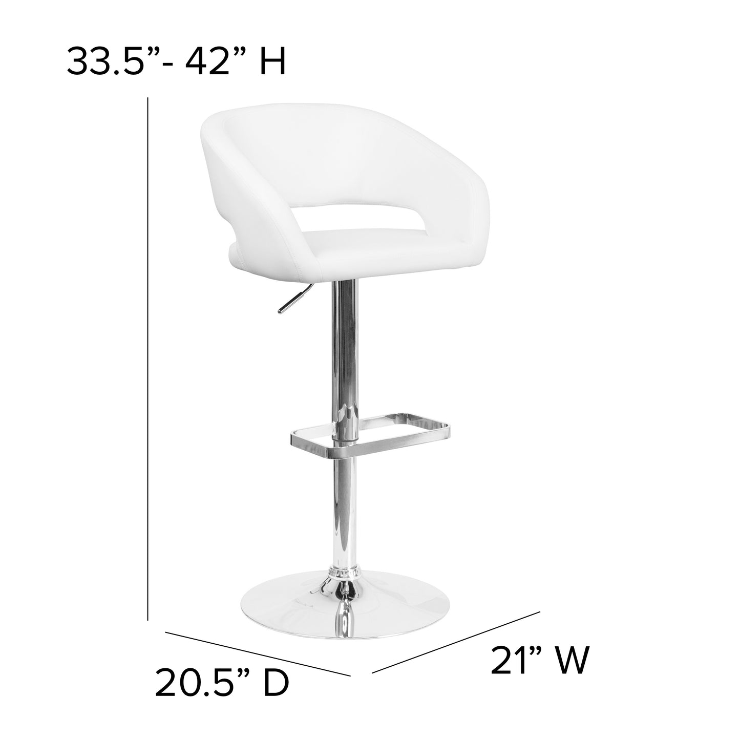 Erik Contemporary White Vinyl Adjustable Height Barstool with Rounded Mid-Back and Chrome Base White Vinyl/Chrome Frame