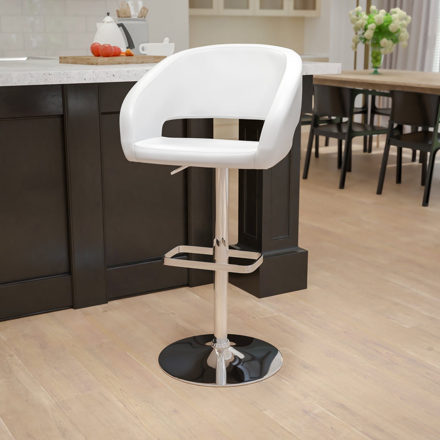 Erik Contemporary White Vinyl Adjustable Height Barstool with Rounded Mid-Back and Chrome Base White Vinyl/Chrome Frame