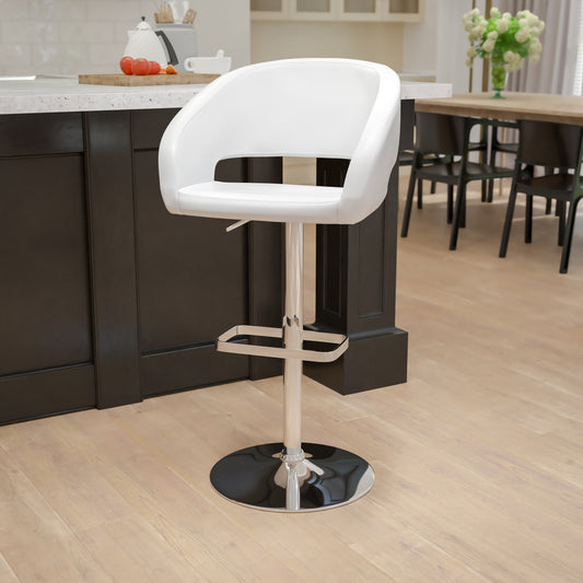 Erik Contemporary White Vinyl Adjustable Height Barstool with Rounded Mid-Back and Chrome Base White Vinyl/Chrome Frame