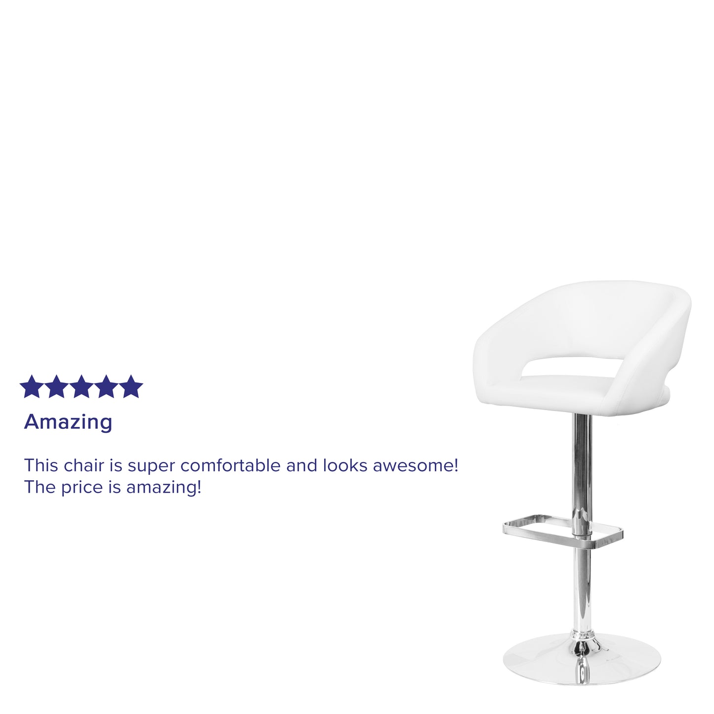 Erik Contemporary White Vinyl Adjustable Height Barstool with Rounded Mid-Back and Chrome Base White Vinyl/Chrome Frame