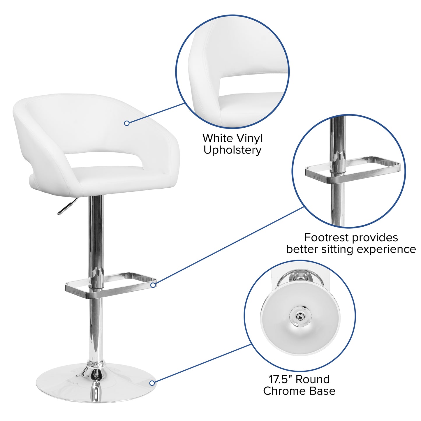 Erik Contemporary White Vinyl Adjustable Height Barstool with Rounded Mid-Back and Chrome Base White Vinyl/Chrome Frame