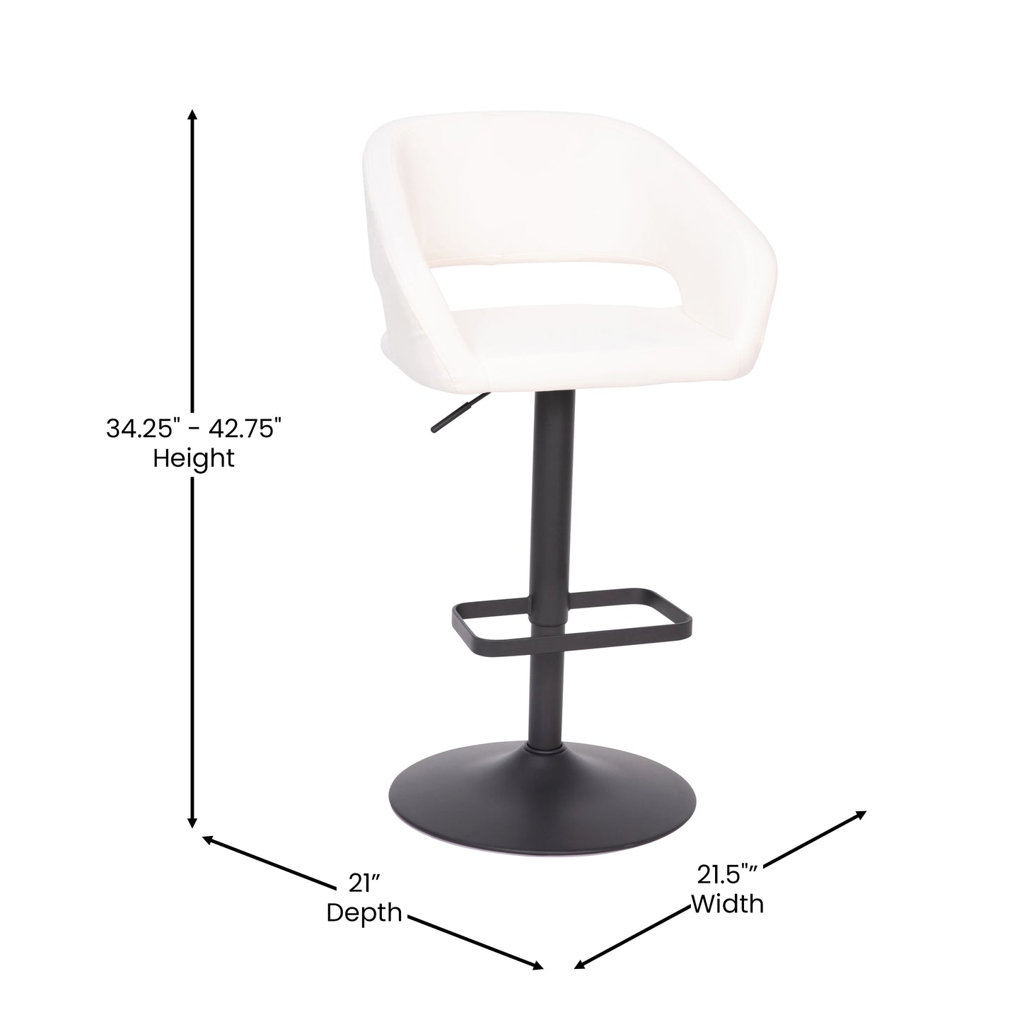 Erik Contemporary White Vinyl Adjustable Height Barstool with Rounded Mid-Back and Black Base White Vinyl/Black Frame