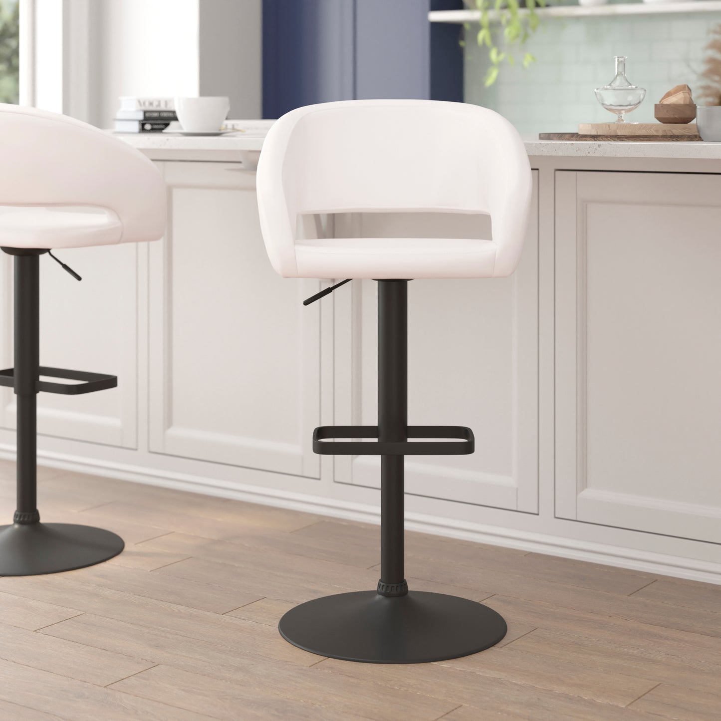 Erik Contemporary White Vinyl Adjustable Height Barstool with Rounded Mid-Back and Black Base White Vinyl/Black Frame