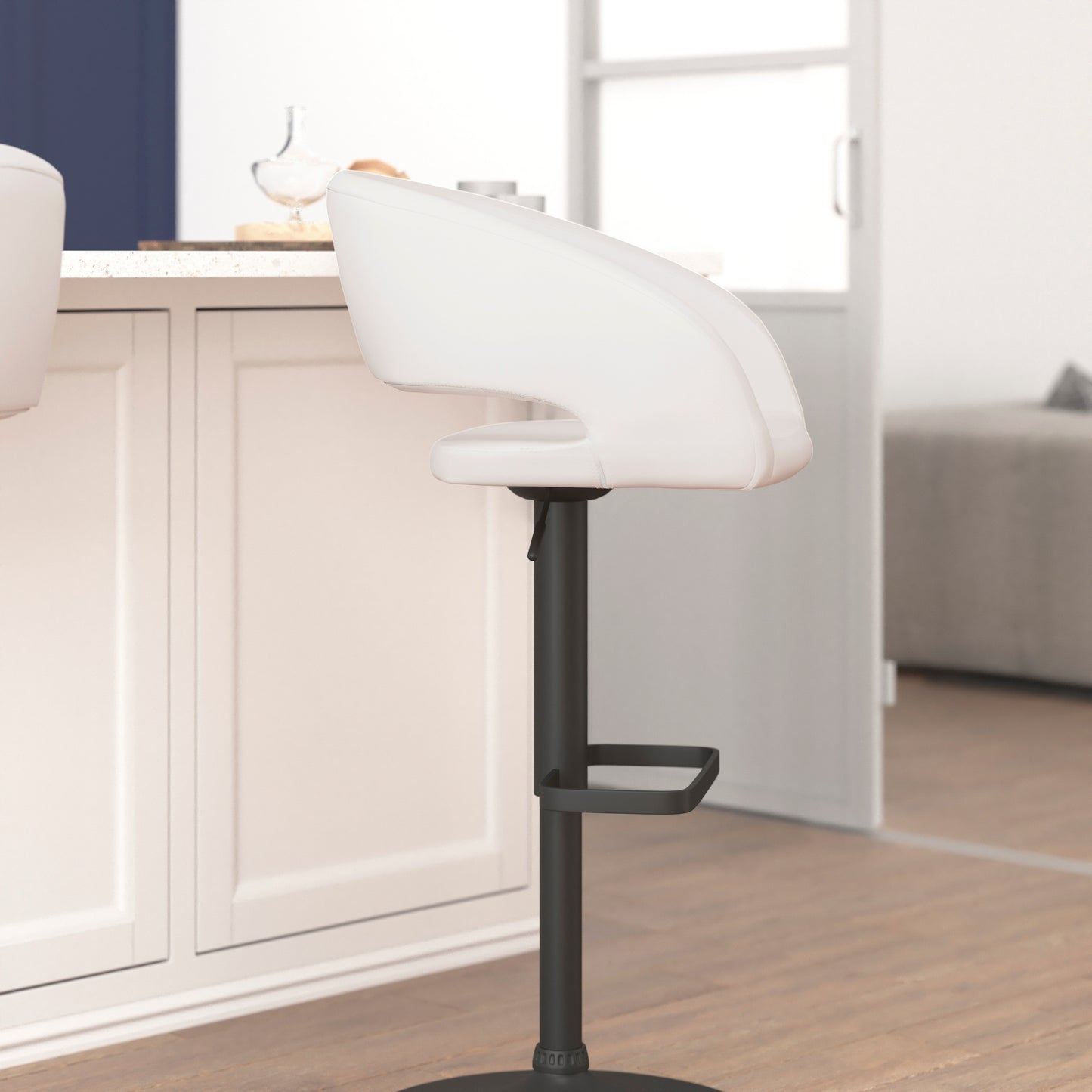 Erik Contemporary White Vinyl Adjustable Height Barstool with Rounded Mid-Back and Black Base White Vinyl/Black Frame