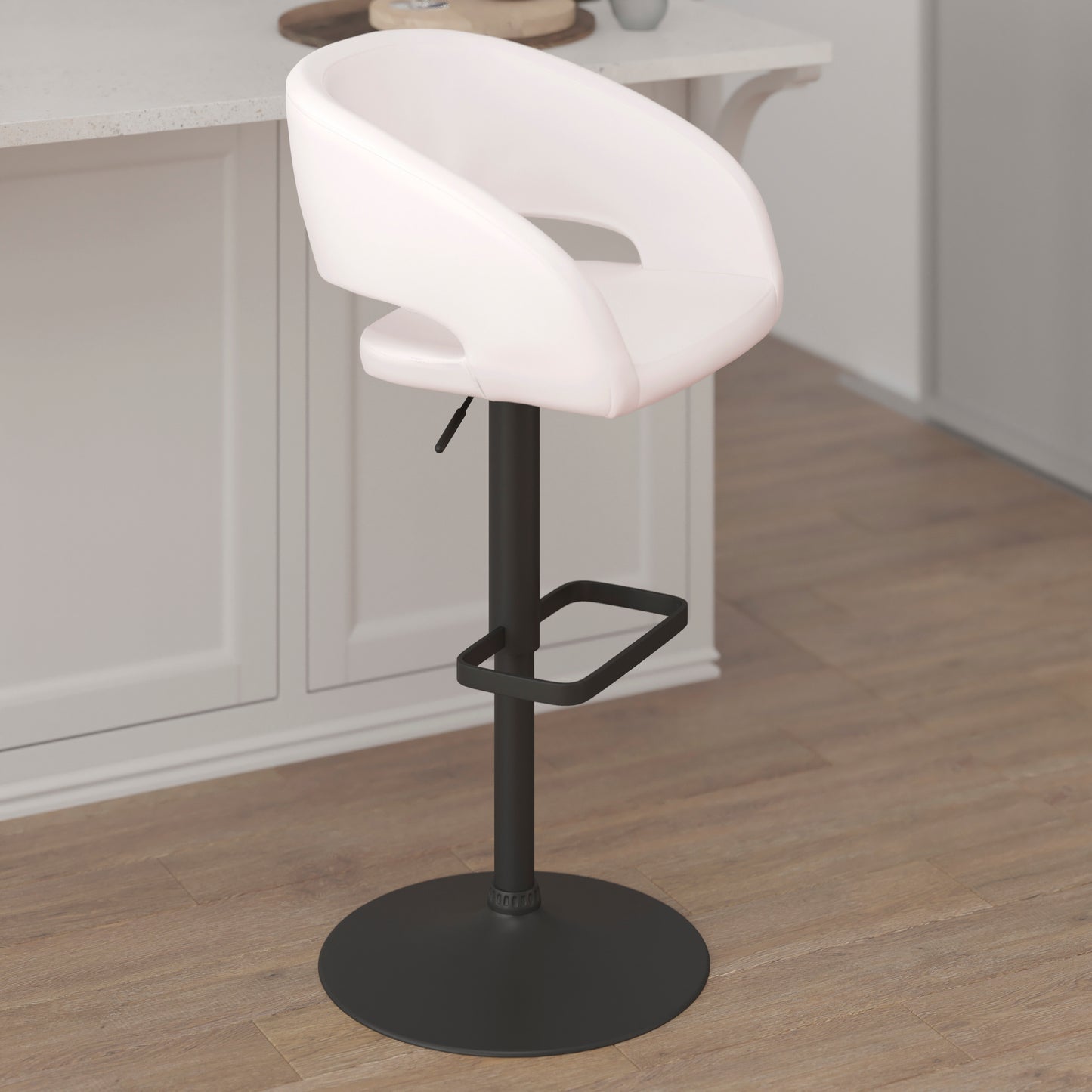 Erik Contemporary White Vinyl Adjustable Height Barstool with Rounded Mid-Back and Black Base White Vinyl/Black Frame
