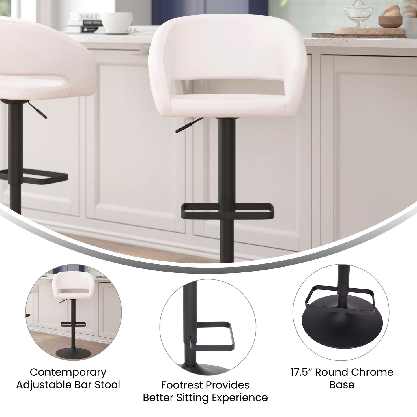 Erik Contemporary White Vinyl Adjustable Height Barstool with Rounded Mid-Back and Black Base White Vinyl/Black Frame