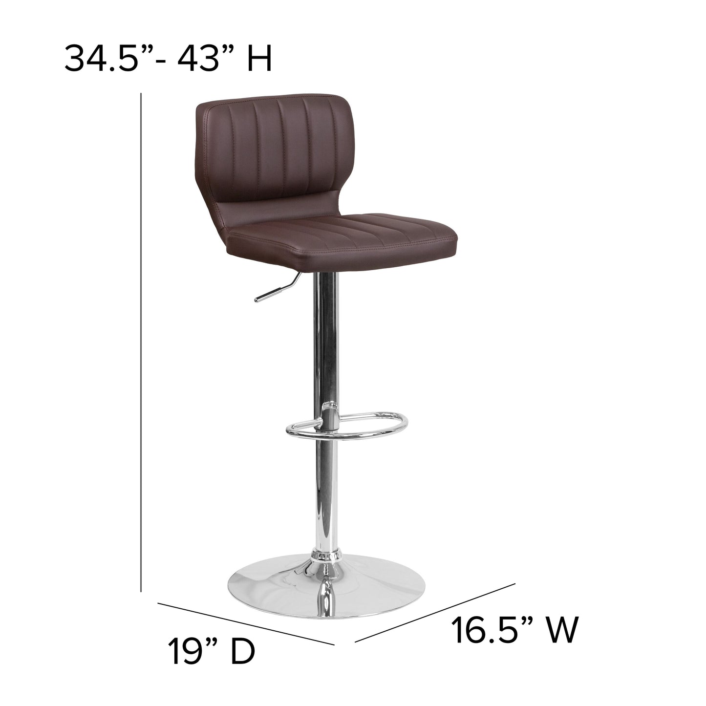 Jeremy Contemporary Brown Vinyl Adjustable Height Barstool with Vertical Stitch Back and Chrome Base Brown Vinyl