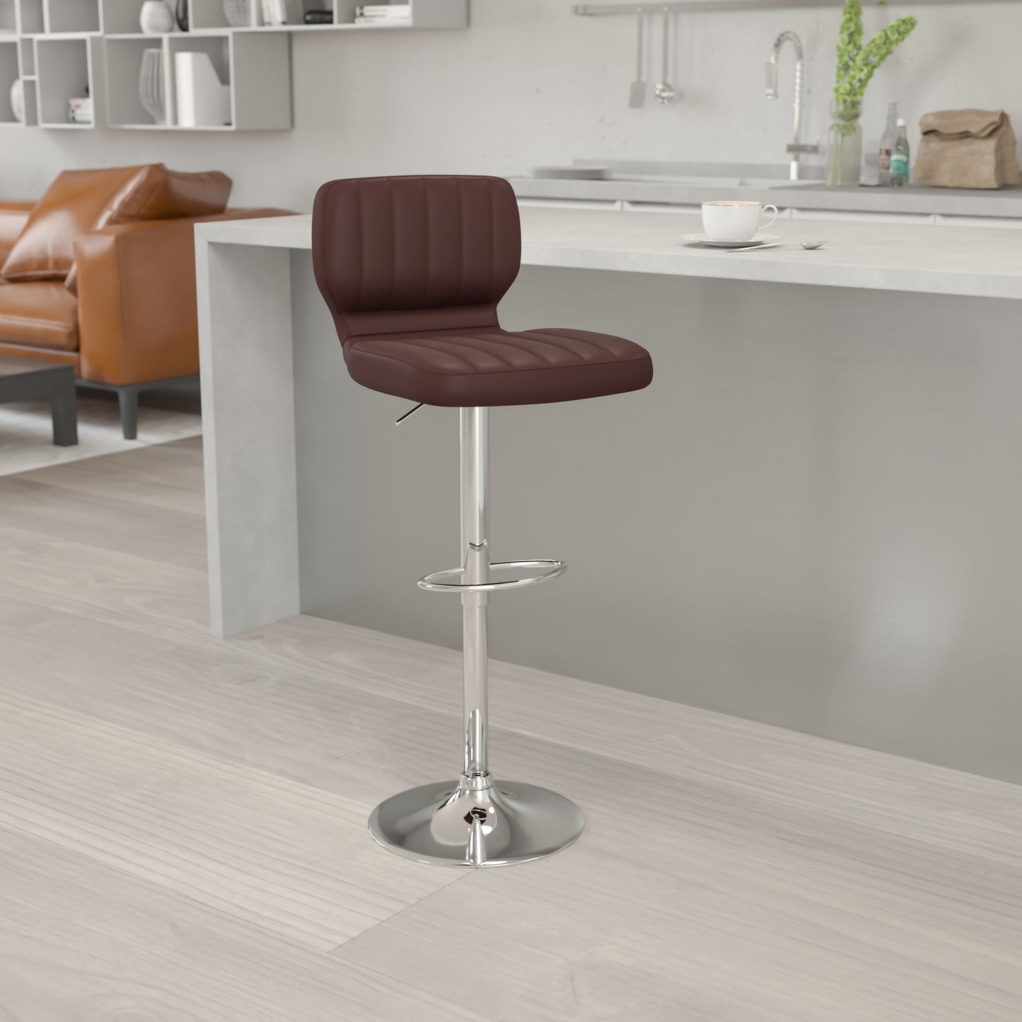 Jeremy Contemporary Brown Vinyl Adjustable Height Barstool with Vertical Stitch Back and Chrome Base Brown Vinyl