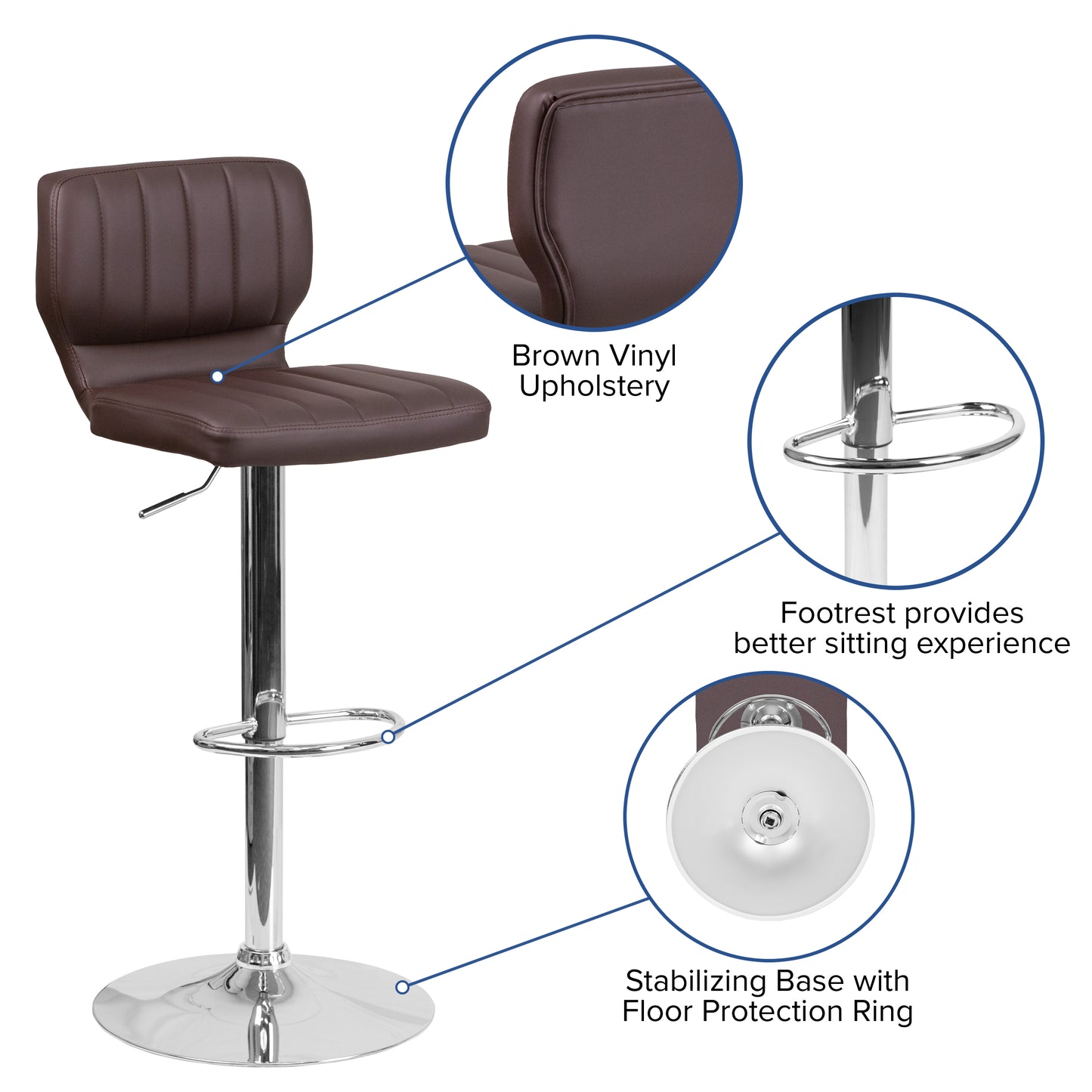 Jeremy Contemporary Brown Vinyl Adjustable Height Barstool with Vertical Stitch Back and Chrome Base Brown Vinyl