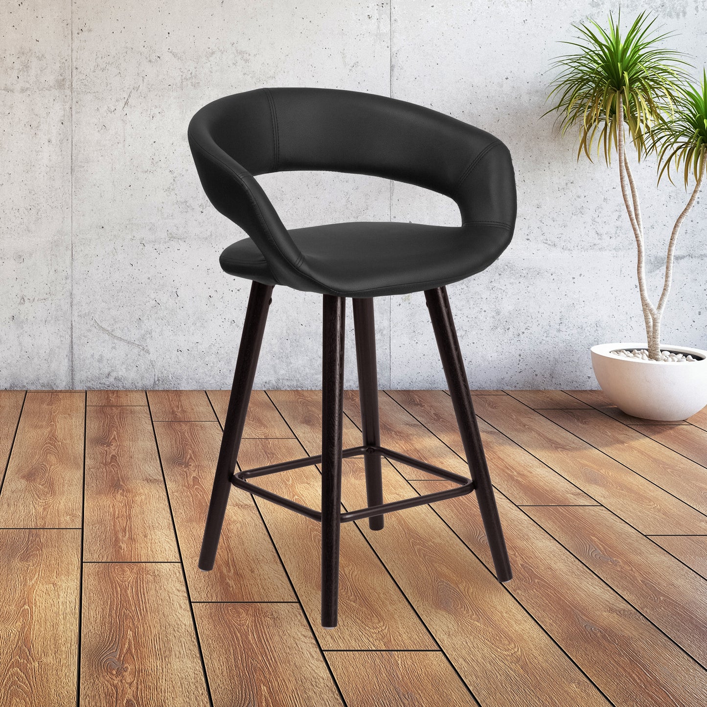 Brynn Series 23.75'' High Contemporary Cappuccino Wood Counter Height Stool in Black Vinyl Black