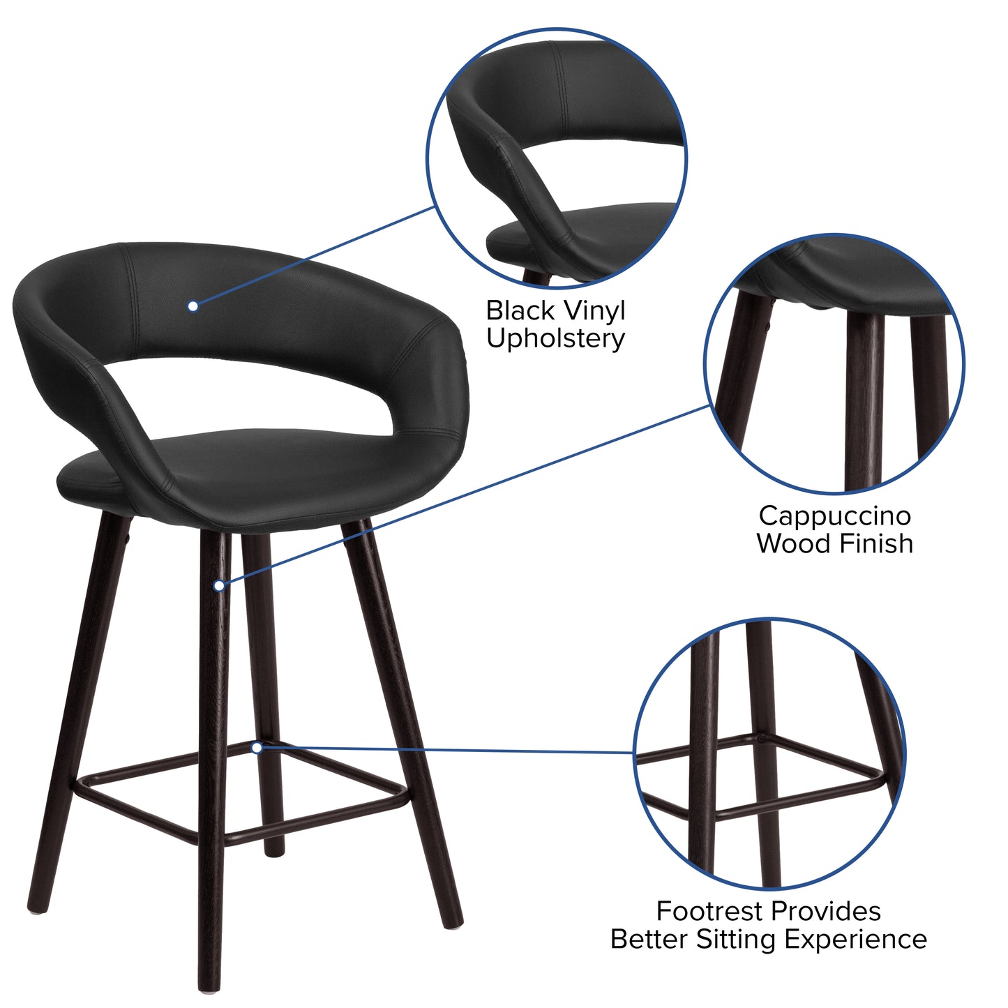 Brynn Series 23.75'' High Contemporary Cappuccino Wood Counter Height Stool in Black Vinyl Black