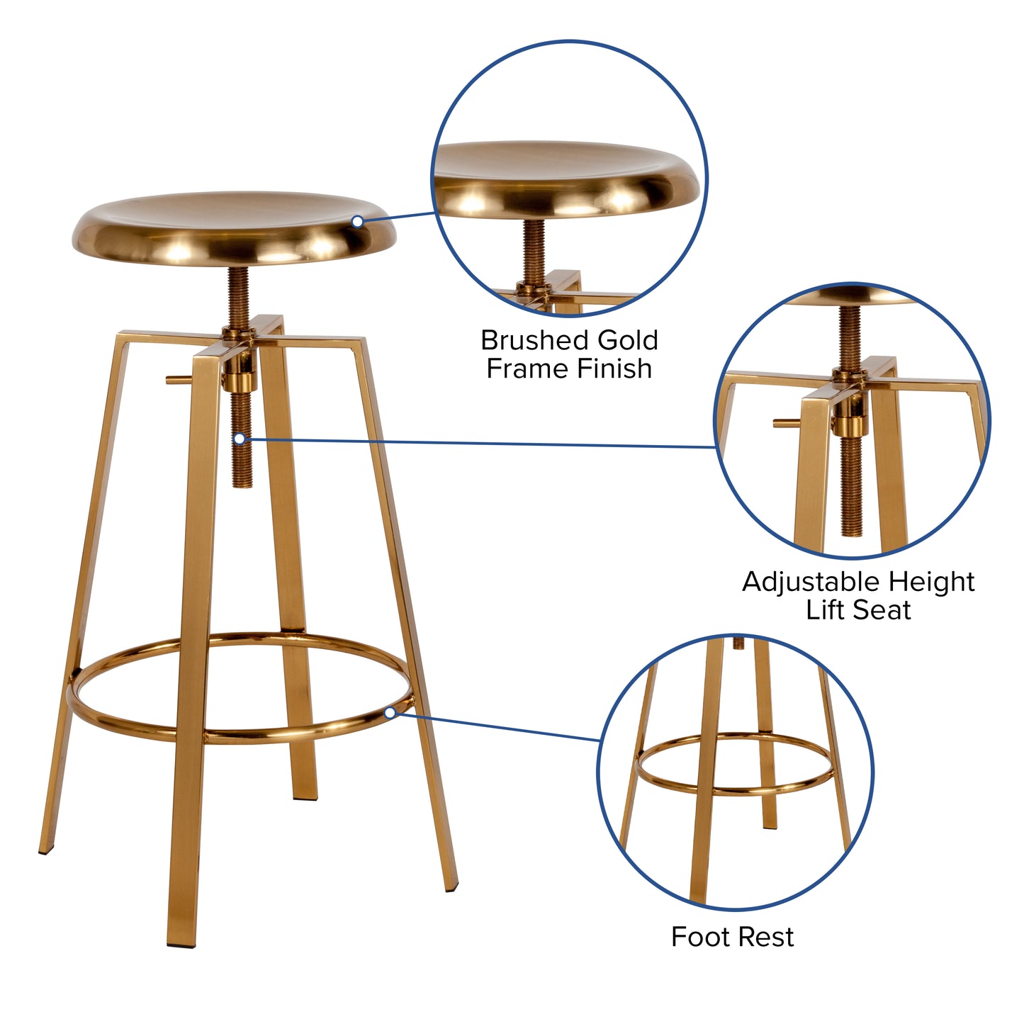 Toledo Industrial Style Barstool with Swivel Lift Adjustable Height Seat in Gold Finish Gold