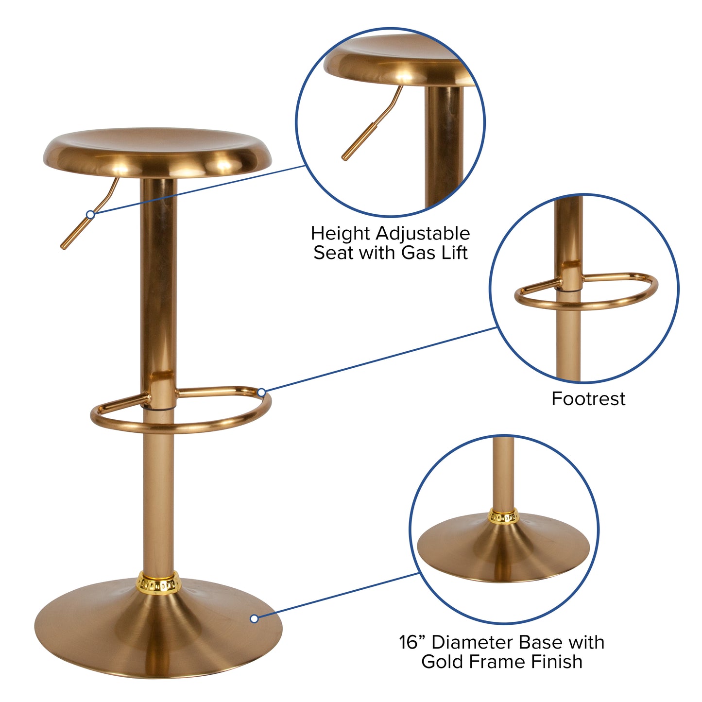 Madrid Series Adjustable Height Retro Barstool in Gold Finish Gold