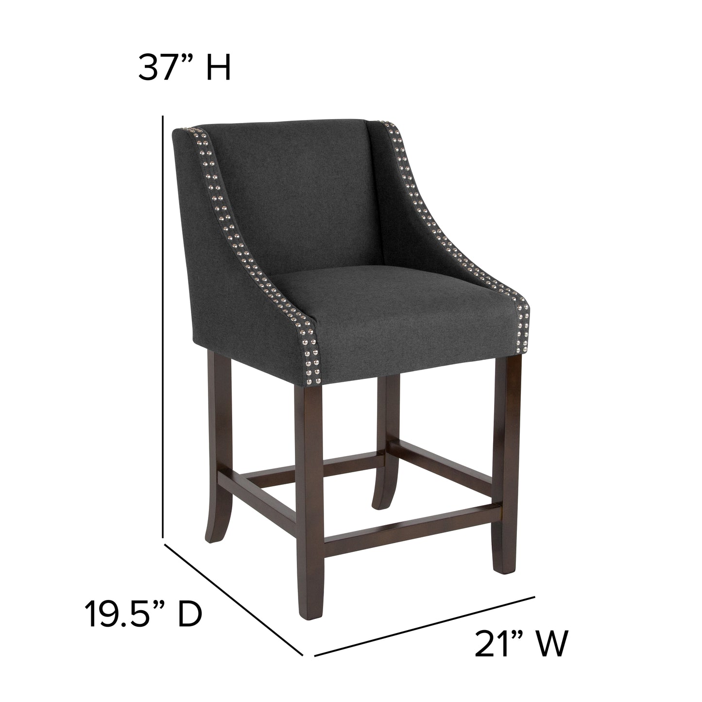 Carmel Series 24" High Transitional Walnut Counter Height Stool with Accent Nail Trim in Charcoal Fabric Charcoal Fabric CH-182020-24-BK-F-GG