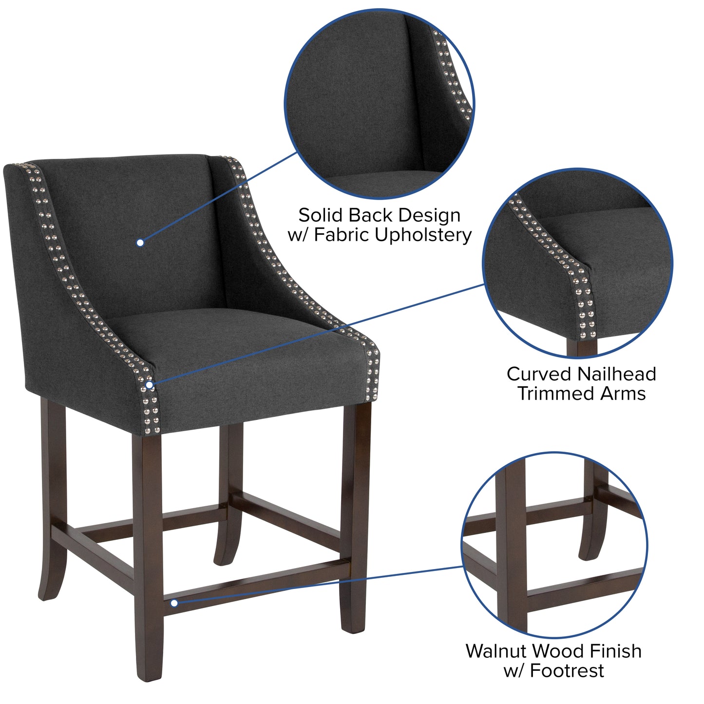Carmel Series 24" High Transitional Walnut Counter Height Stool with Accent Nail Trim in Charcoal Fabric Charcoal Fabric CH-182020-24-BK-F-GG