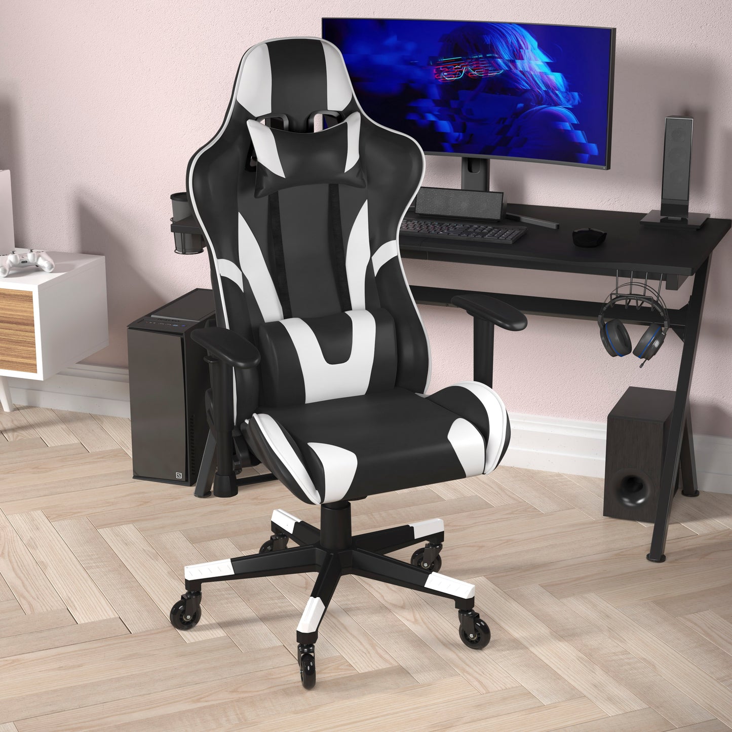 X20 Gaming Chair Racing Office Computer PC Adjustable Chair with Reclining Back and Transparent Roller Wheels in Black LeatherSoft Black