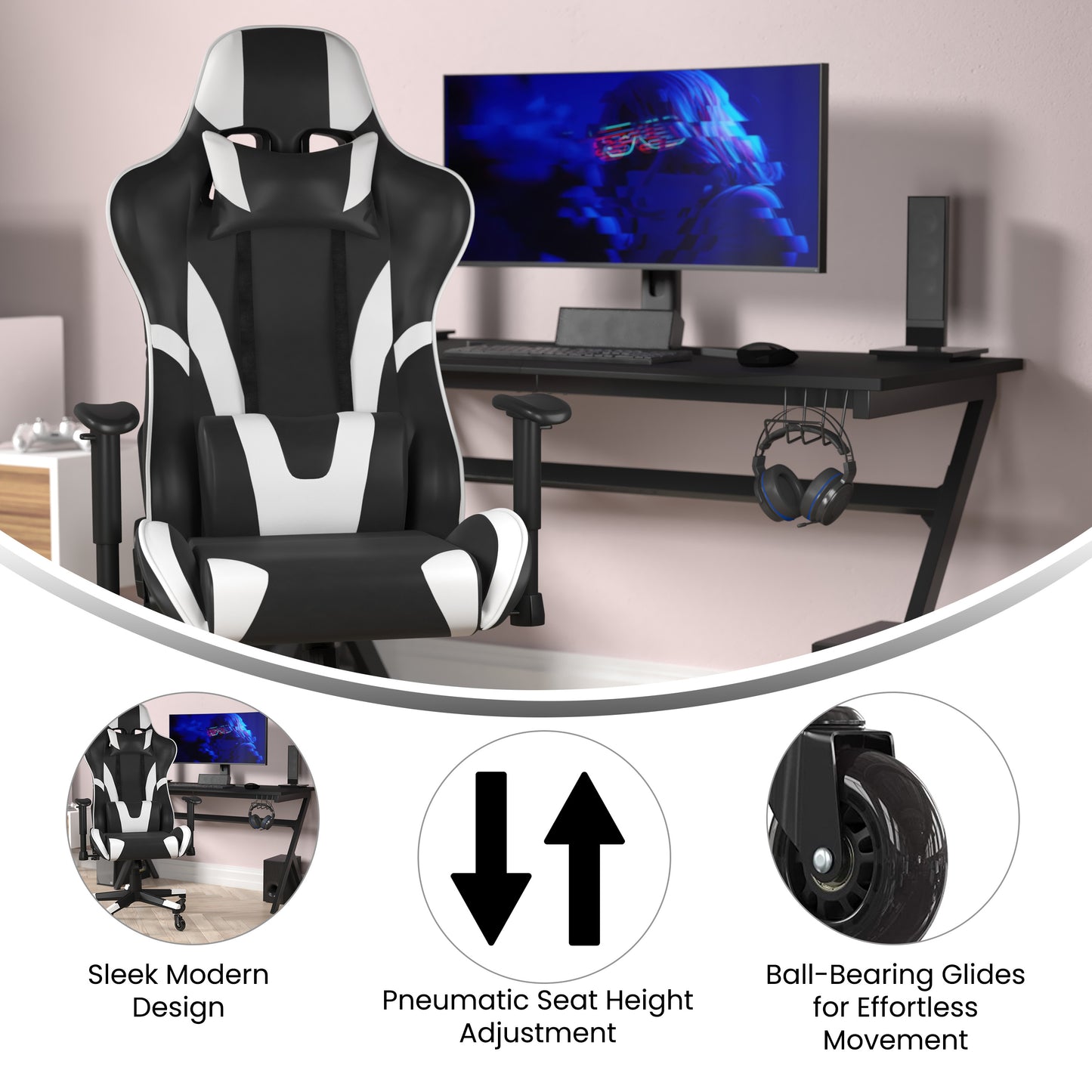 X20 Gaming Chair Racing Office Computer PC Adjustable Chair with Reclining Back and Transparent Roller Wheels in Black LeatherSoft Black